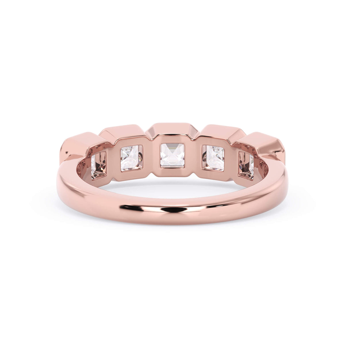 A picture of a five stone diamond wedding ring with asscher shape diamonds that are bezel set in rose gold on a white background with a view of the underside of the ring.