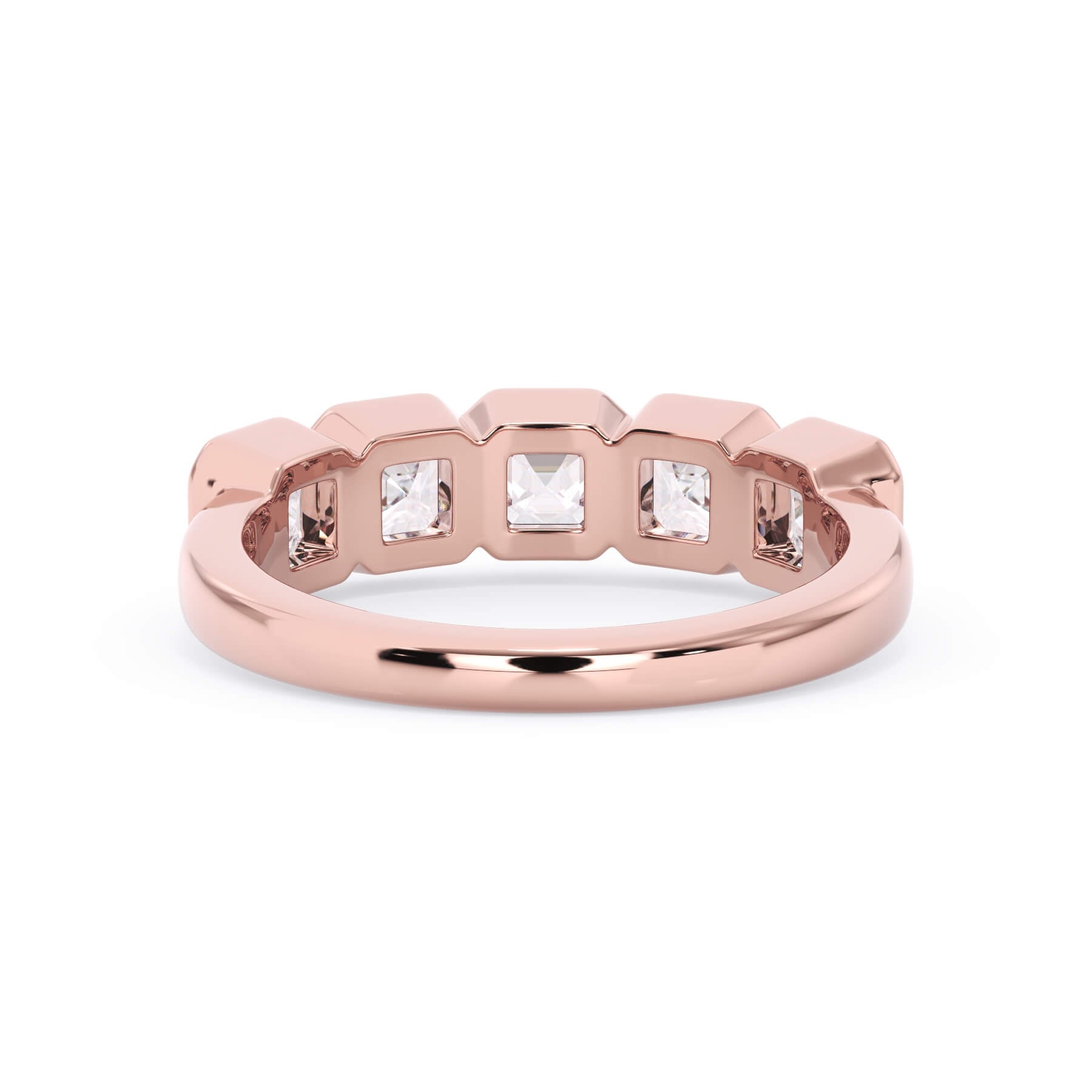 A picture of a five stone diamond wedding ring with asscher shape diamonds that are bezel set in rose gold on a white background with a view of the underside of the ring.
