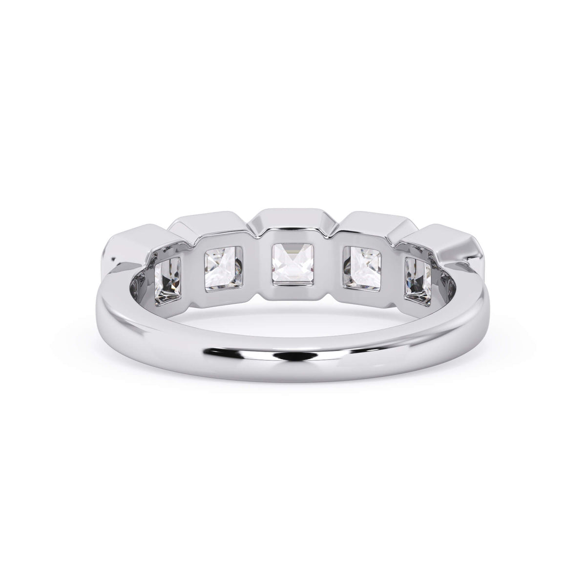 A picture of a five stone diamond wedding ring with asscher shape diamonds that are bezel set in white gold or platinum on a white background with a view of the underside of the ring.