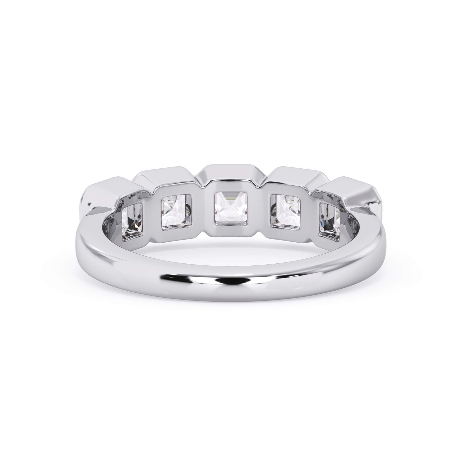 A picture of a five stone diamond wedding ring with asscher shape diamonds that are bezel set in white gold or platinum on a white background with a view of the underside of the ring.