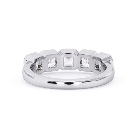 A picture of a five stone diamond wedding ring with asscher shape diamonds that are bezel set in white gold or platinum on a white background with a view of the underside of the ring.