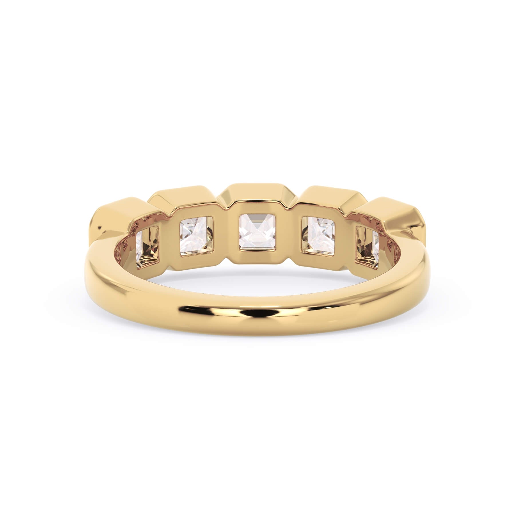 A picture of a five stone diamond wedding ring with asscher shape diamonds that are bezel set in yellow gold on a white background with a view of the underside of the ring.
