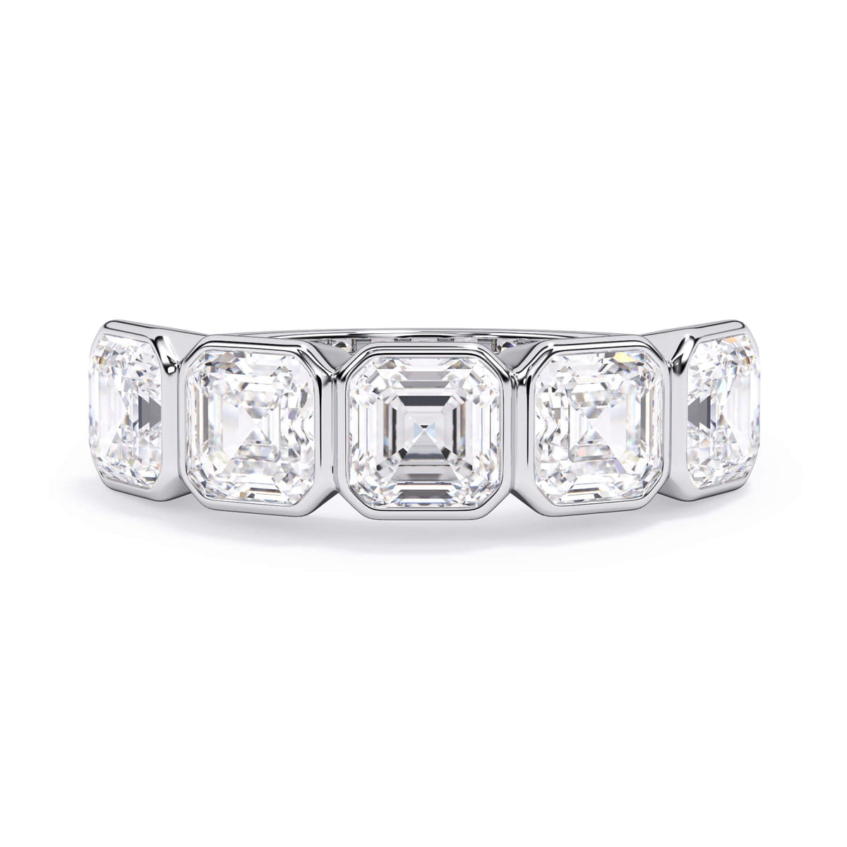 A picture of a five stone diamond wedding ring with asscher shape diamonds that are bezel set in white gold or platinum on a white background with the ring facing forward, lying down.