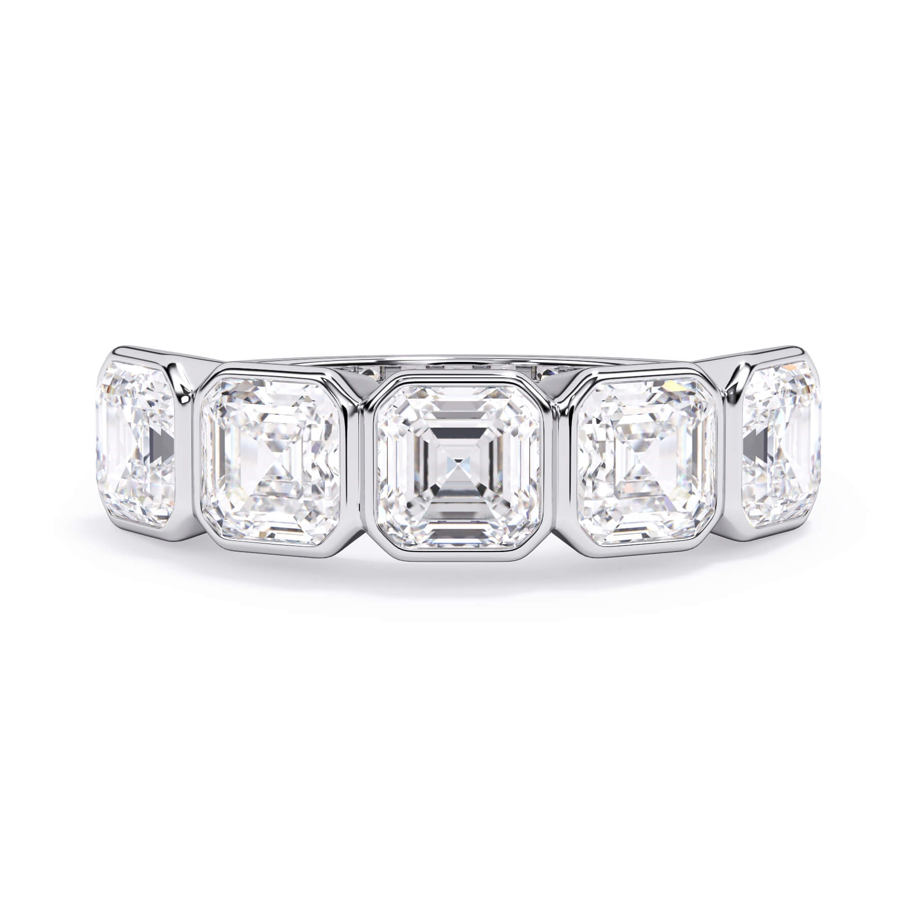 A picture of a five stone diamond wedding ring with asscher shape diamonds that are bezel set in white gold or platinum on a white background with the ring facing forward, lying down.
