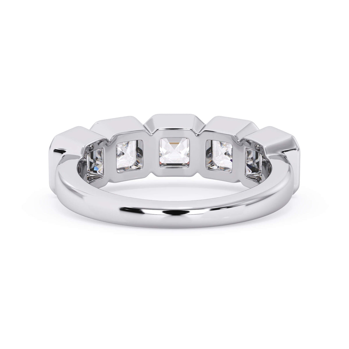 A picture of a five stone diamond wedding ring with asscher shape diamonds that are bezel set in white gold or platinum on a white background with a view of the underside of the ring.