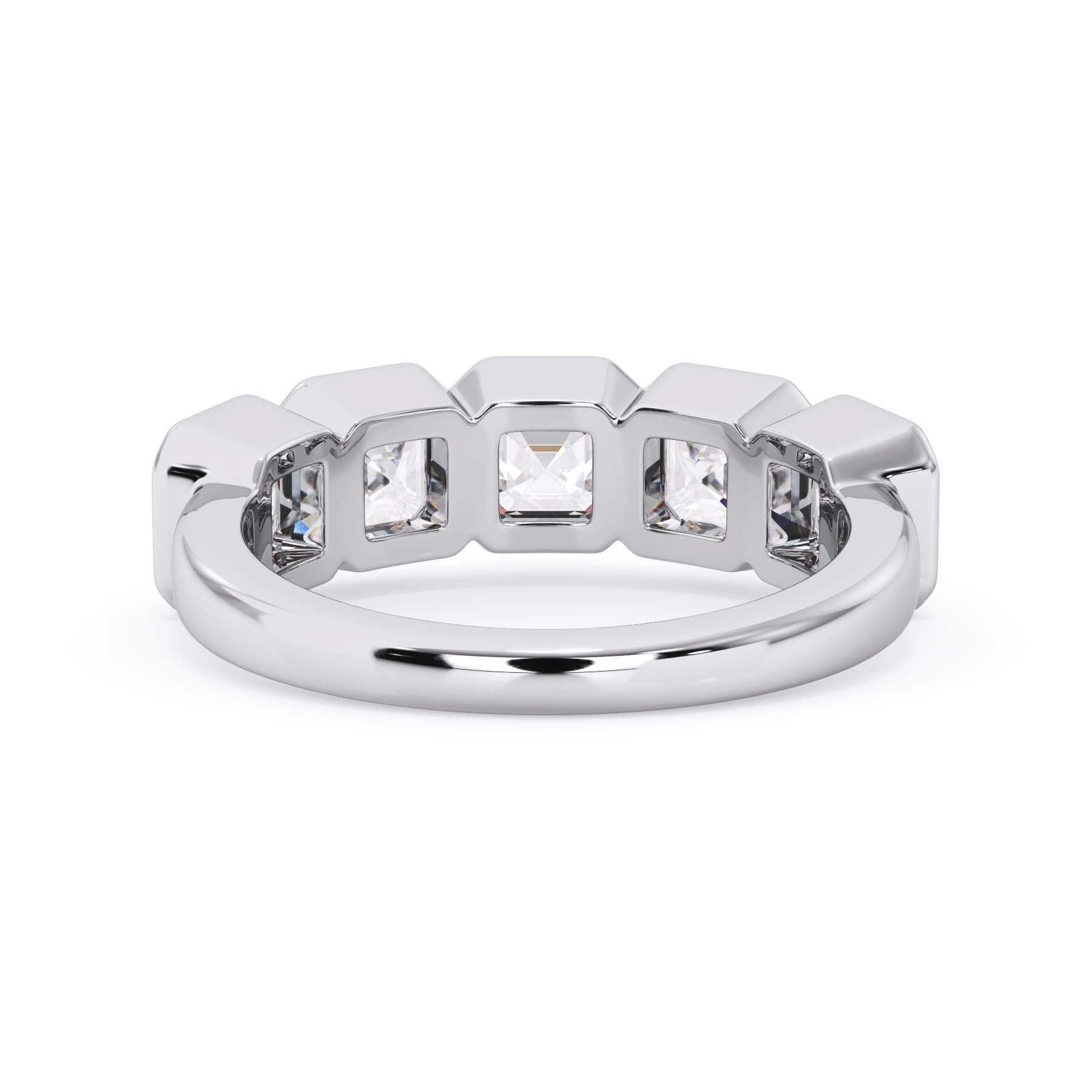 A picture of a five stone diamond wedding ring with asscher shape diamonds that are bezel set in white gold or platinum on a white background with a view of the underside of the ring.