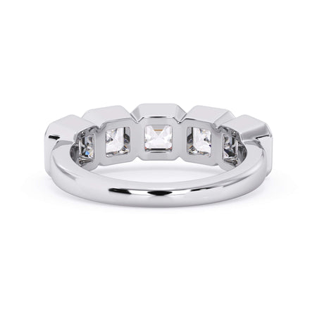 A picture of a five stone diamond wedding ring with asscher shape diamonds that are bezel set in white gold or platinum on a white background with a view of the underside of the ring.