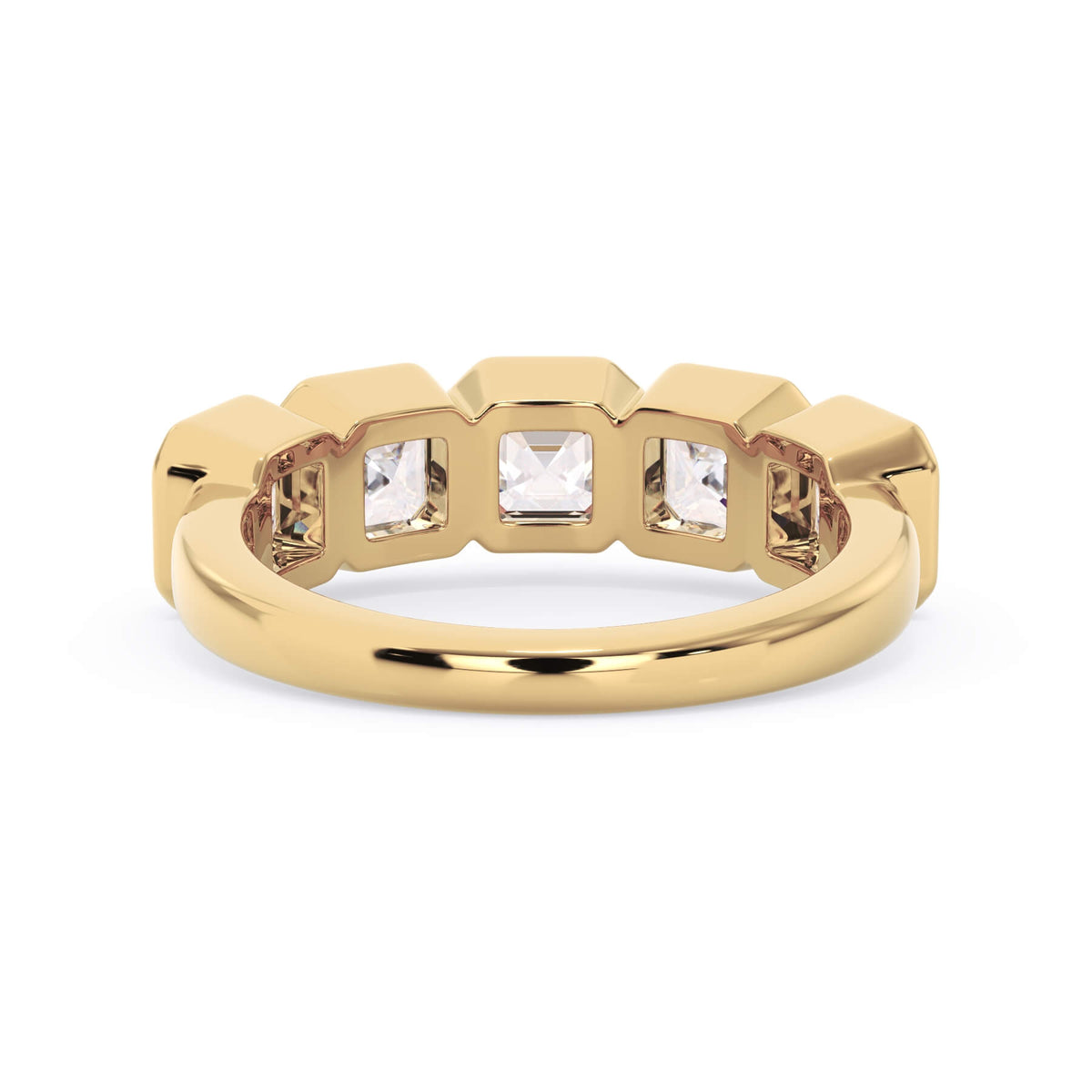A picture of a five stone diamond wedding ring with asscher shape diamonds that are bezel set in yellow gold on a white background with a view of the underside of the ring.