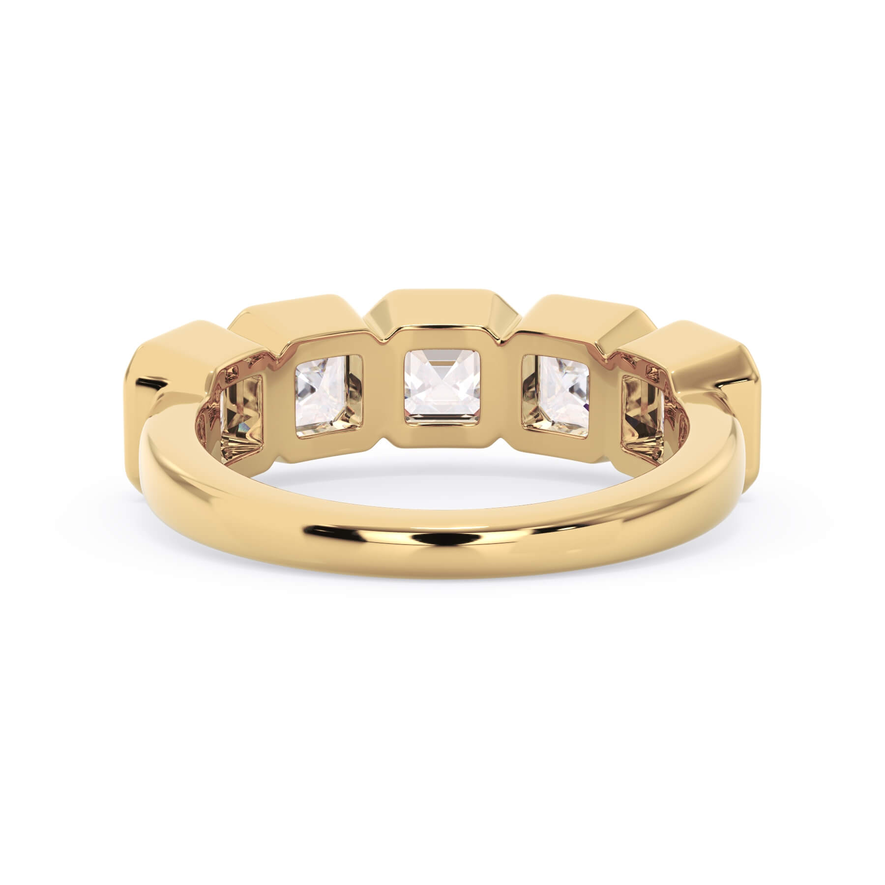 A picture of a five stone diamond wedding ring with asscher shape diamonds that are bezel set in yellow gold on a white background with a view of the underside of the ring.