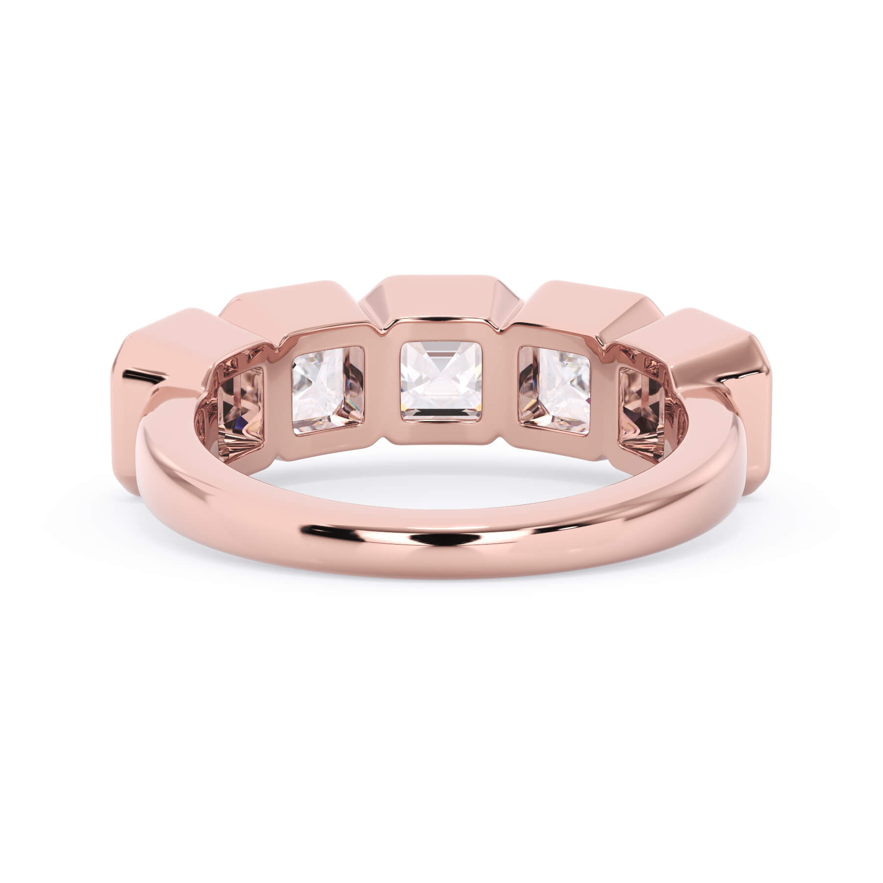 A picture of a five stone diamond wedding ring with asscher shape diamonds that are bezel set in rose gold on a white background with a view of the underside of the ring.