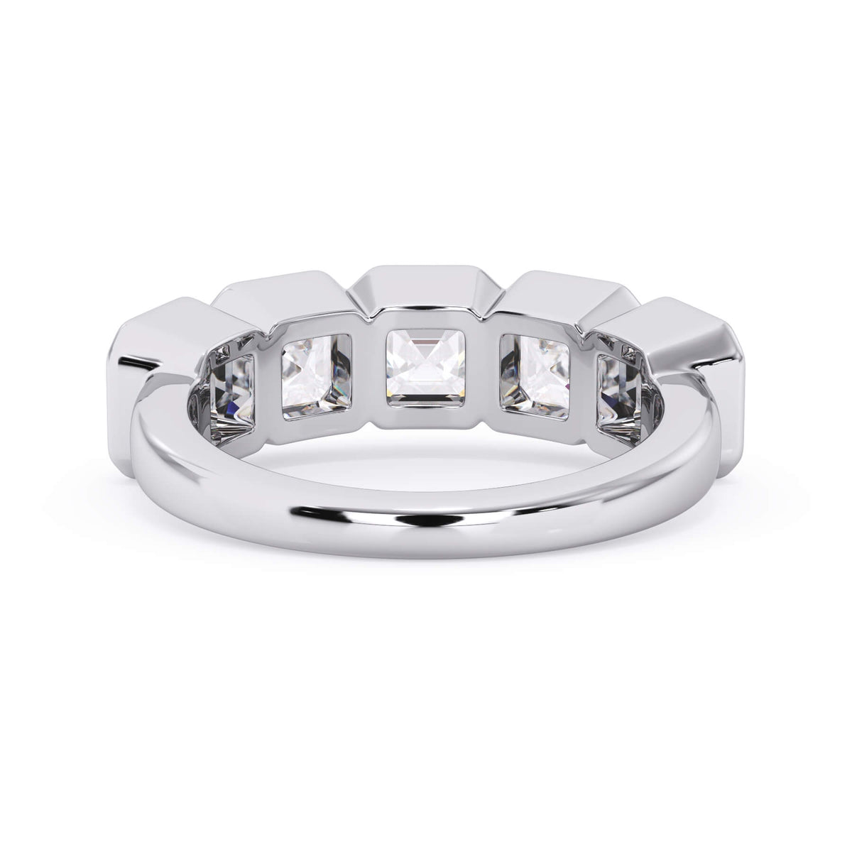 A picture of a five stone diamond wedding ring with asscher shape diamonds that are bezel set in white gold or platinum on a white background with a view of the underside of the ring.