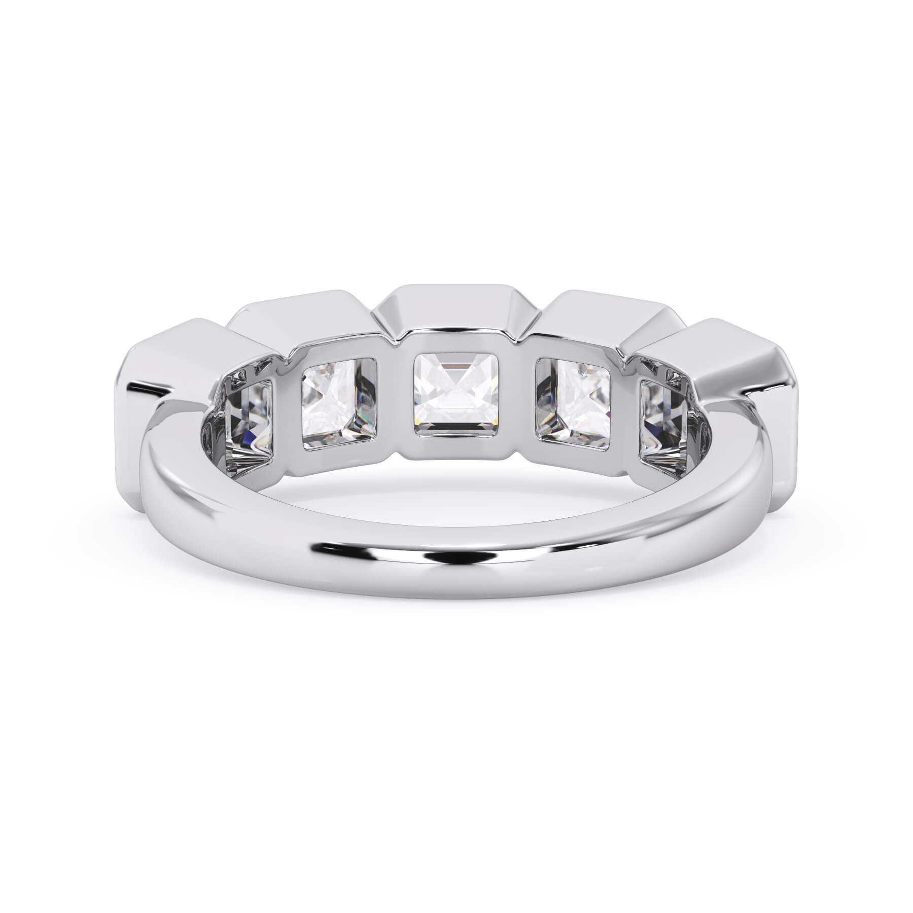 A picture of a five stone diamond wedding ring with asscher shape diamonds that are bezel set in white gold or platinum on a white background with a view of the underside of the ring.