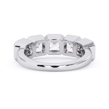 A picture of a five stone diamond wedding ring with asscher shape diamonds that are bezel set in white gold or platinum on a white background with a view of the underside of the ring.