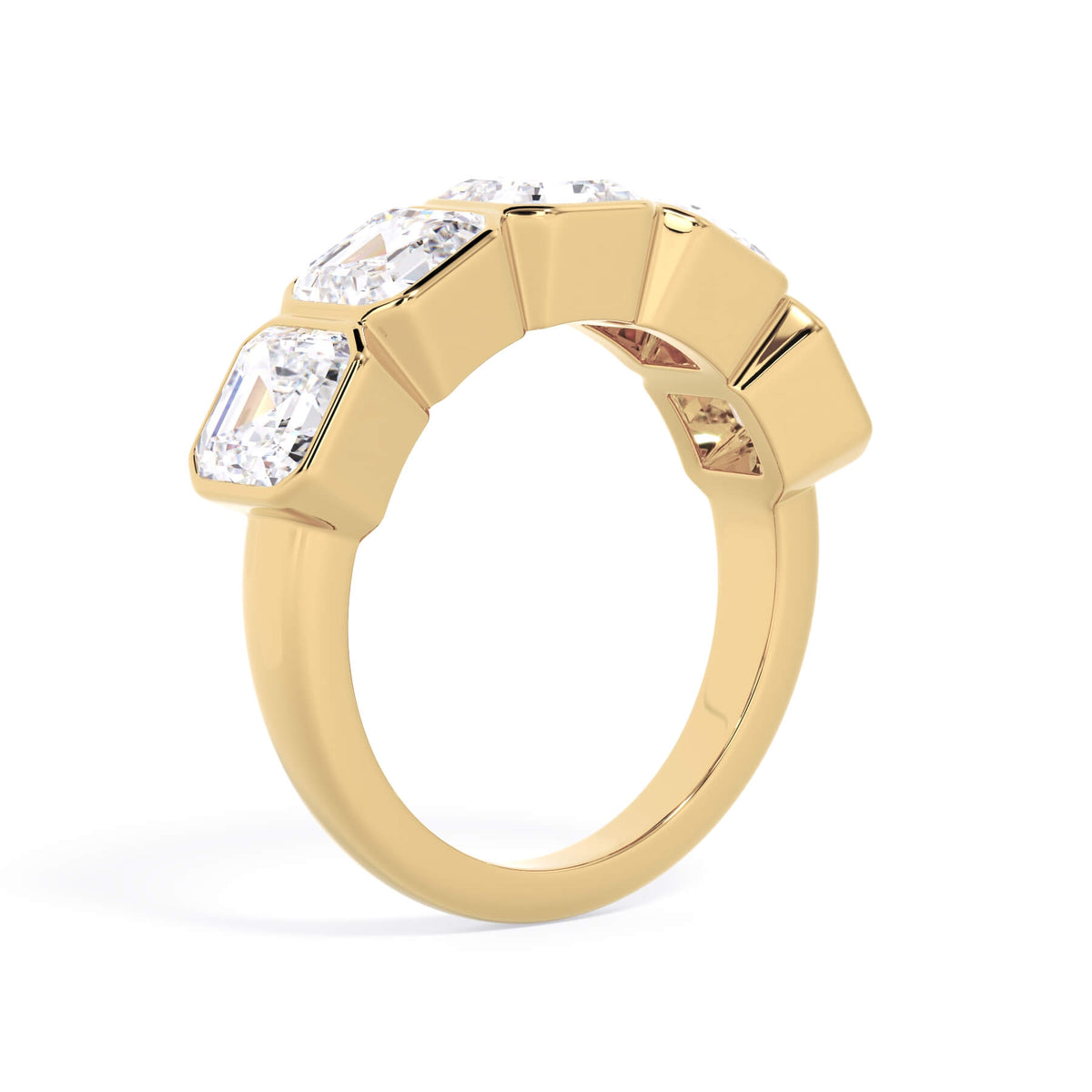 A picture of a five stone diamond wedding ring with asscher shape diamonds that are bezel set in yellow gold on a white background with a slightly angled, through the finger view.