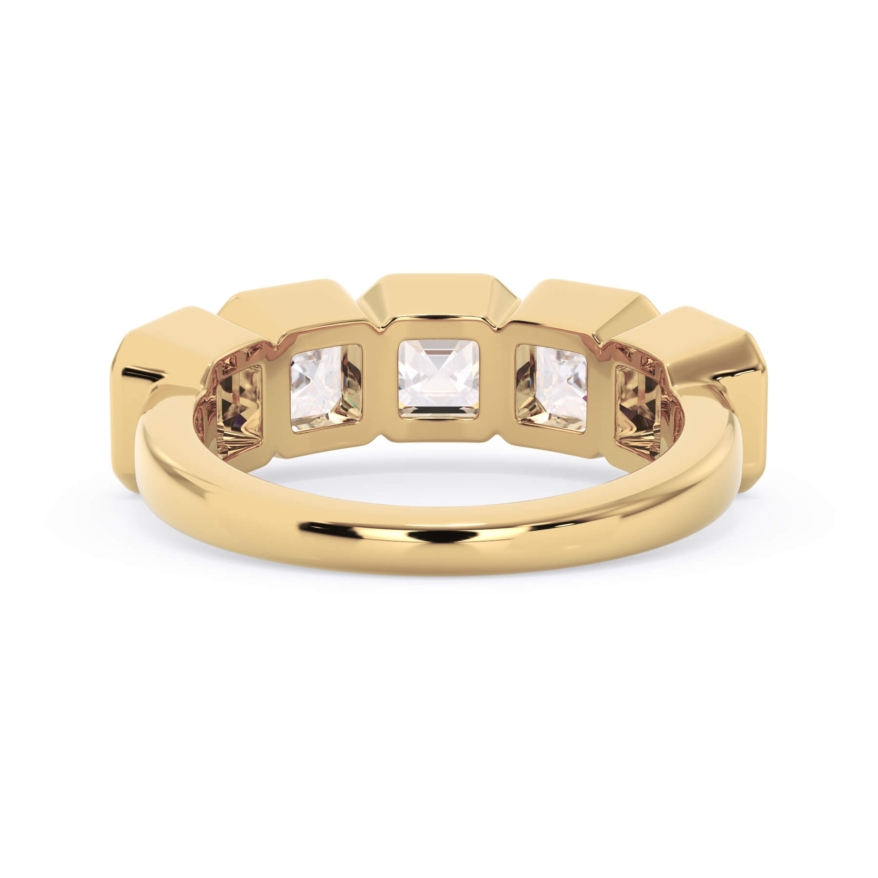 A picture of a five stone diamond wedding ring with asscher shape diamonds that are bezel set in yellow gold on a white background with a view of the underside of the ring.