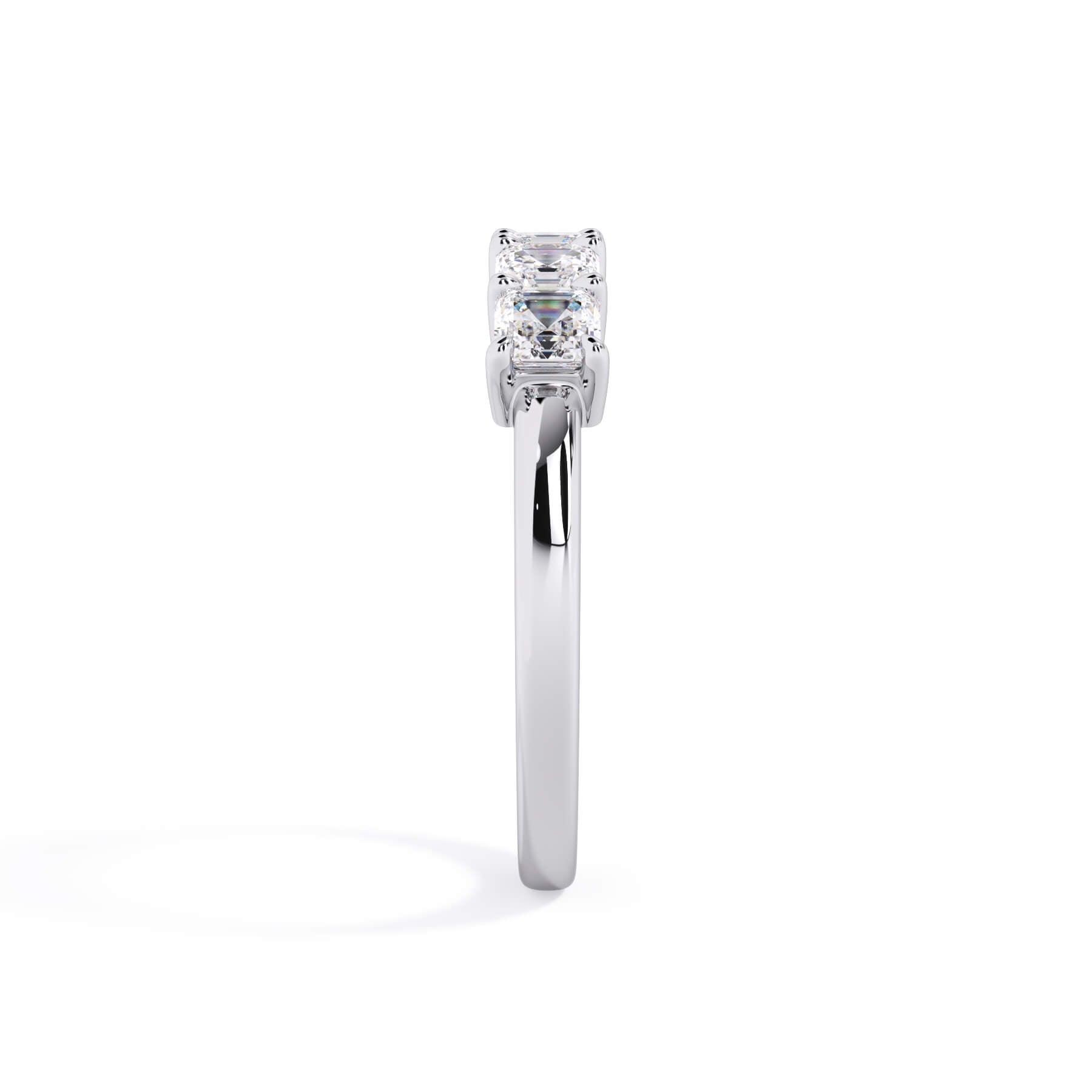 A picture of a five stone diamond wedding ring with asscher shape diamonds that are shared prong set in white gold or platinum on a white background with a side profile view.