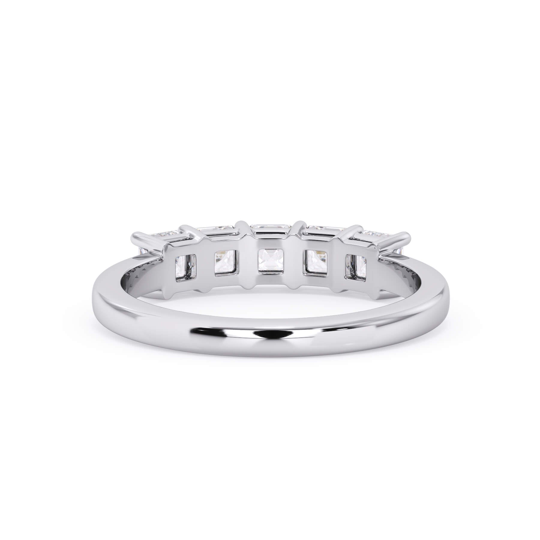 A picture of a five stone diamond wedding ring with asscher shape diamonds that are shared prong set in white gold or platinum on a white background with a view of the underside of the ring.