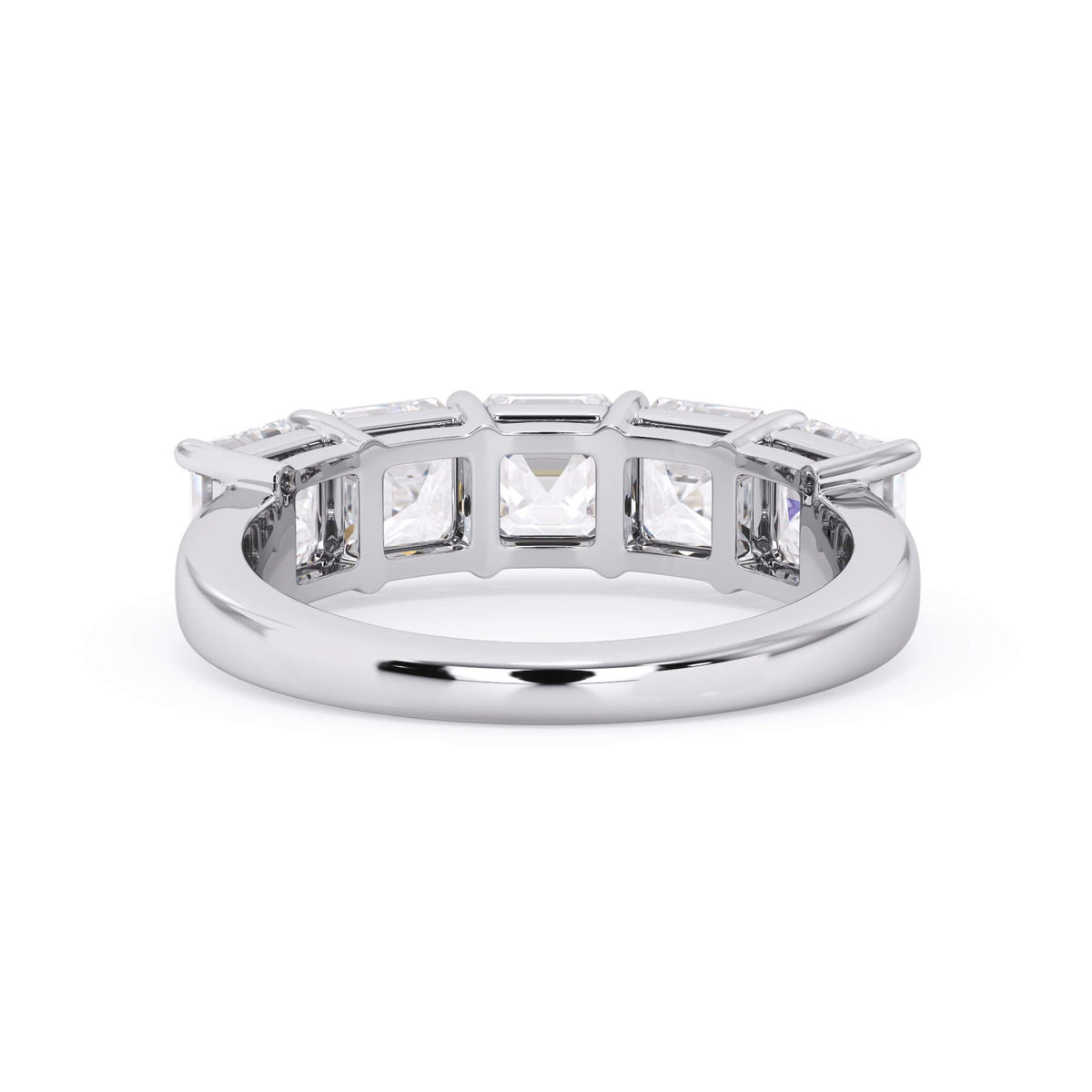 A picture of a five stone diamond wedding ring with asscher shape diamonds that are shared prong set in white gold or platinum on a white background with a view of the underside of the ring.