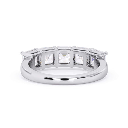 A picture of a five stone diamond wedding ring with asscher shape diamonds that are shared prong set in white gold or platinum on a white background with a view of the underside of the ring.