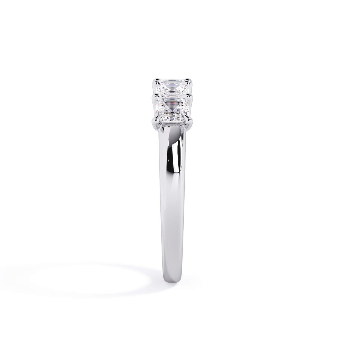 A picture of a five stone diamond wedding ring with asscher shape diamonds that are u prong set in white gold or platinum on a white background with a side profile view.