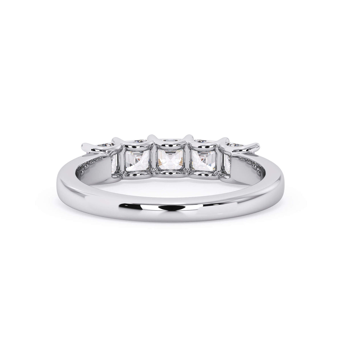 A picture of a five stone diamond wedding ring with asscher shape diamonds that are u prong set in white gold or platinum on a white background with a view of the underside of the ring.