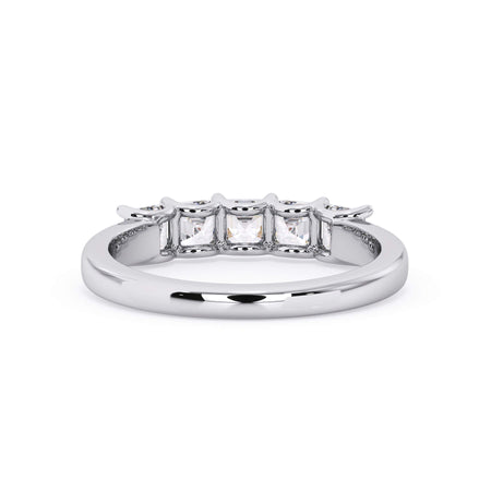 A picture of a five stone diamond wedding ring with asscher shape diamonds that are u prong set in white gold or platinum on a white background with a view of the underside of the ring.