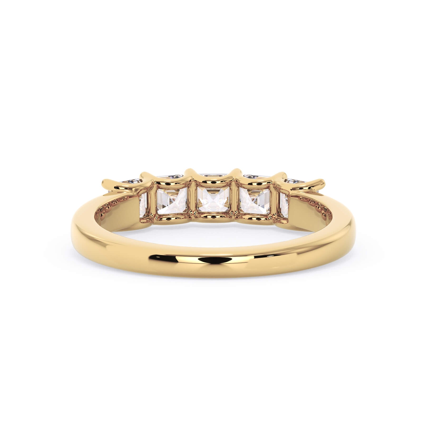 A picture of a five stone diamond wedding ring with asscher shape diamonds that are u prong set in yellow gold on a white background with a view of the underside of the ring.