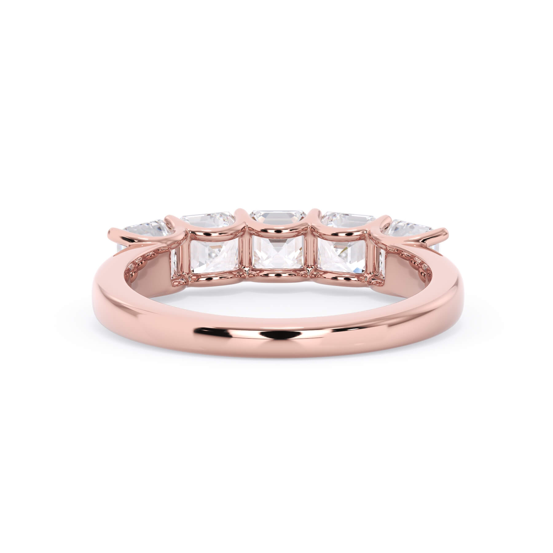 A picture of a five stone diamond wedding ring with asscher shape diamonds that are u prong set in rose gold on a white background with a view of the underside of the ring.