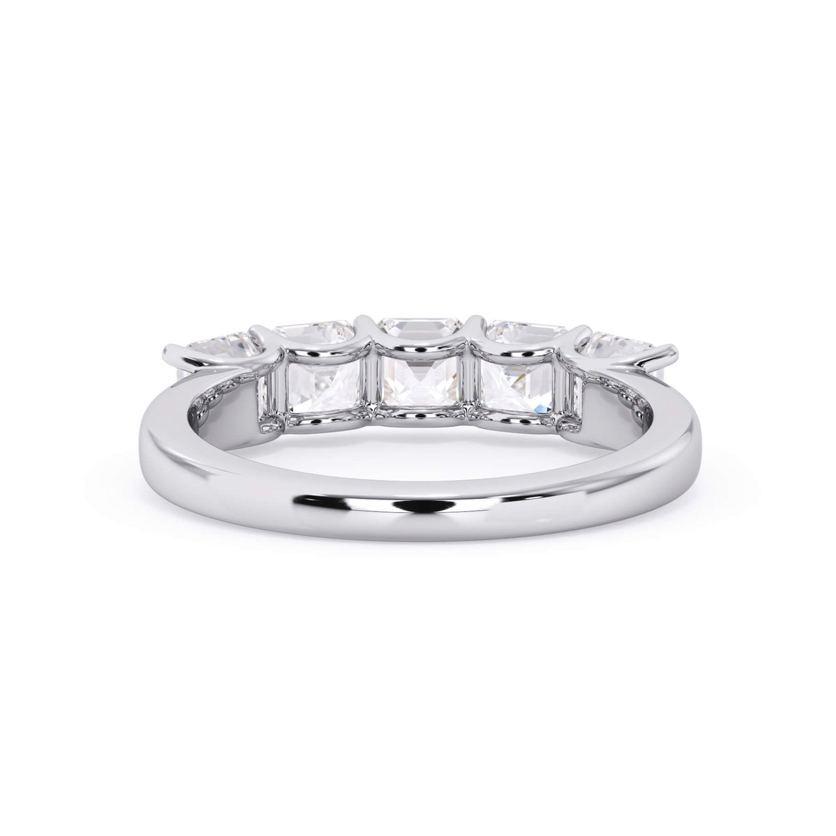 A picture of a five stone diamond wedding ring with asscher shape diamonds that are u prong set in white gold or platinum on a white background with a view of the underside of the ring.