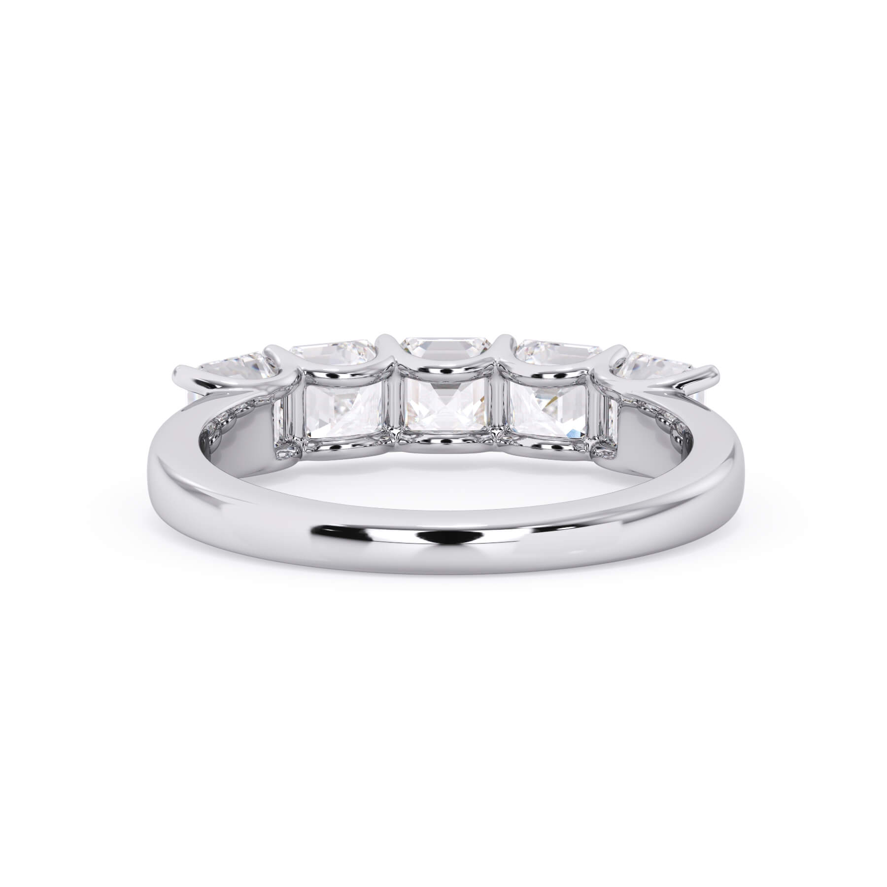 A picture of a five stone diamond wedding ring with asscher shape diamonds that are u prong set in white gold or platinum on a white background with a view of the underside of the ring.