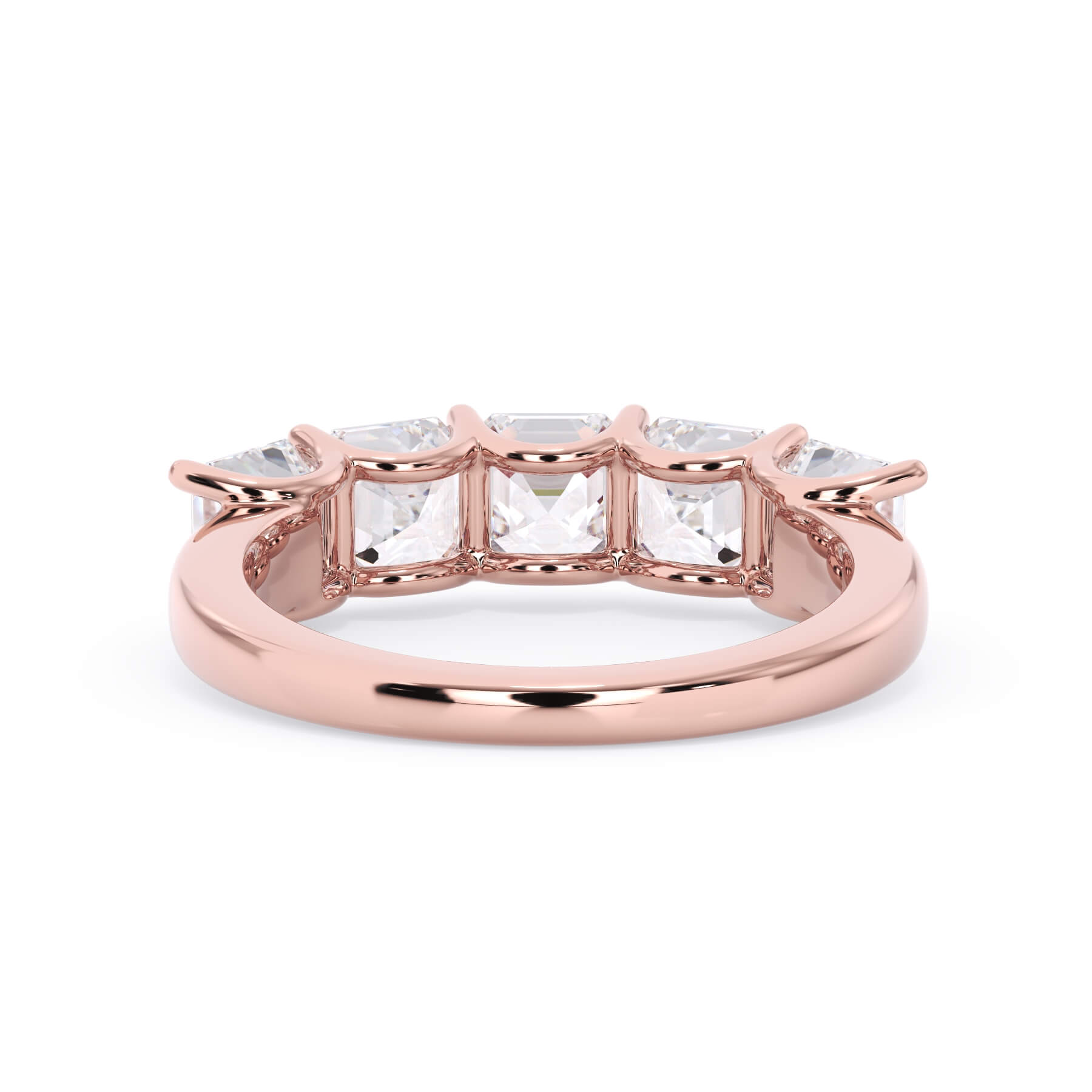 A picture of a five stone diamond wedding ring with asscher shape diamonds that are u prong set in rose gold on a white background with a view of the underside of the ring.