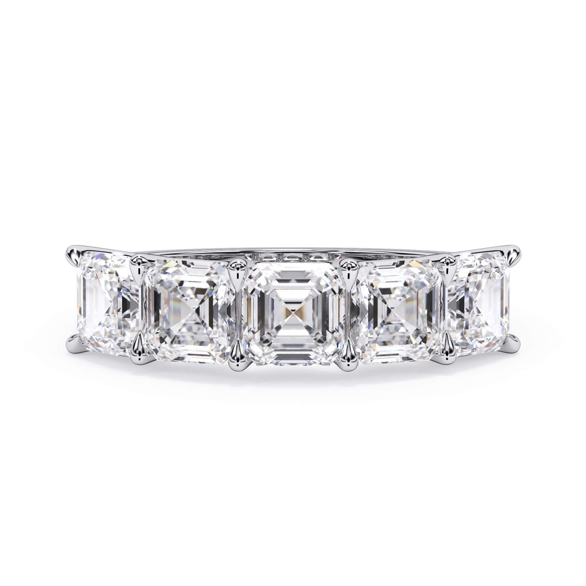 A picture of a five stone diamond wedding ring with asscher shape diamonds that are u prong set in white gold or platinum on a white background with the ring facing forward, lying down.