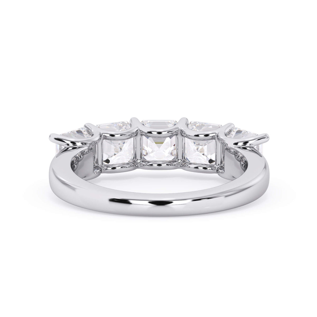 A picture of a five stone diamond wedding ring with asscher shape diamonds that are u prong set in white gold or platinum on a white background with a view of the underside of the ring.