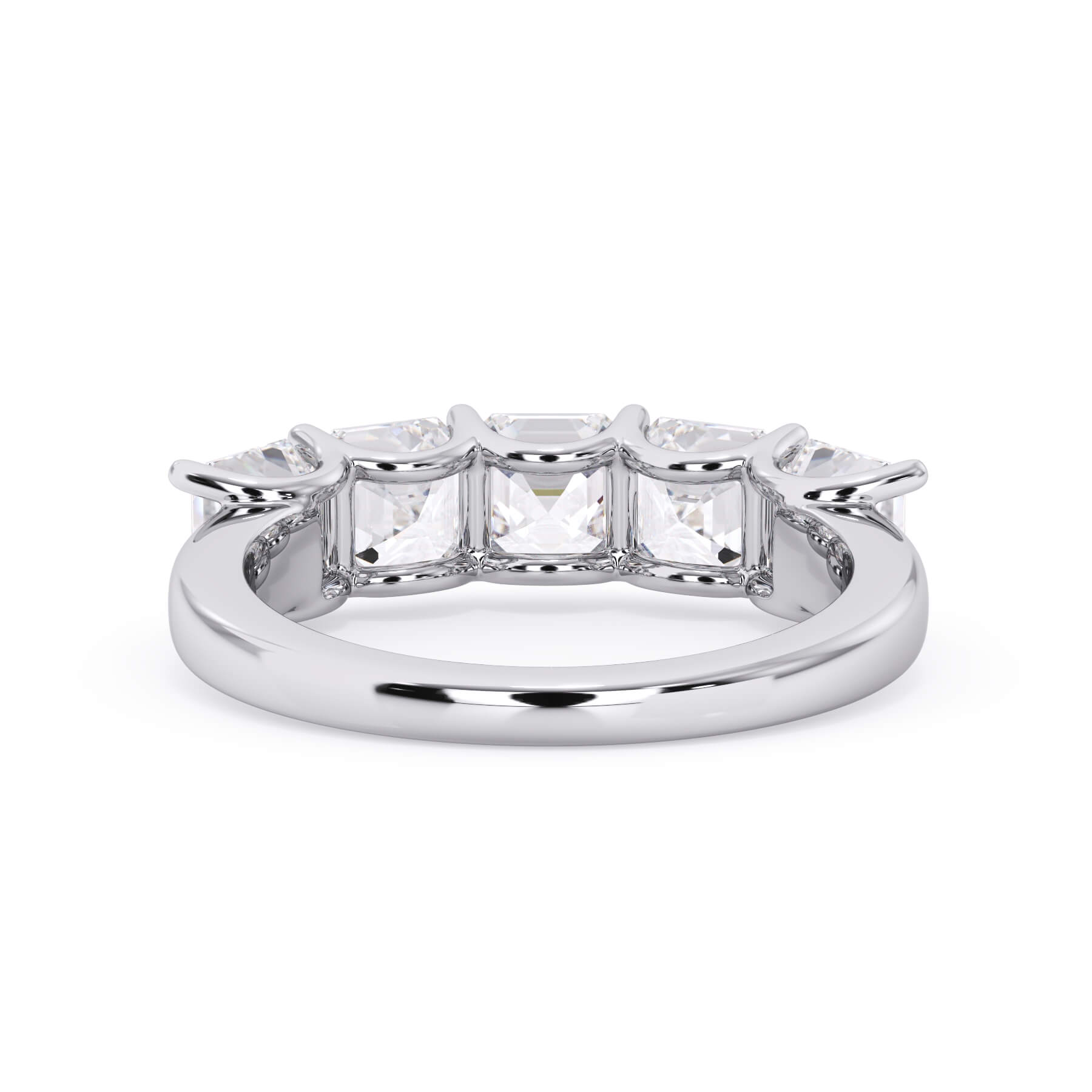 A picture of a five stone diamond wedding ring with asscher shape diamonds that are u prong set in white gold or platinum on a white background with a view of the underside of the ring.