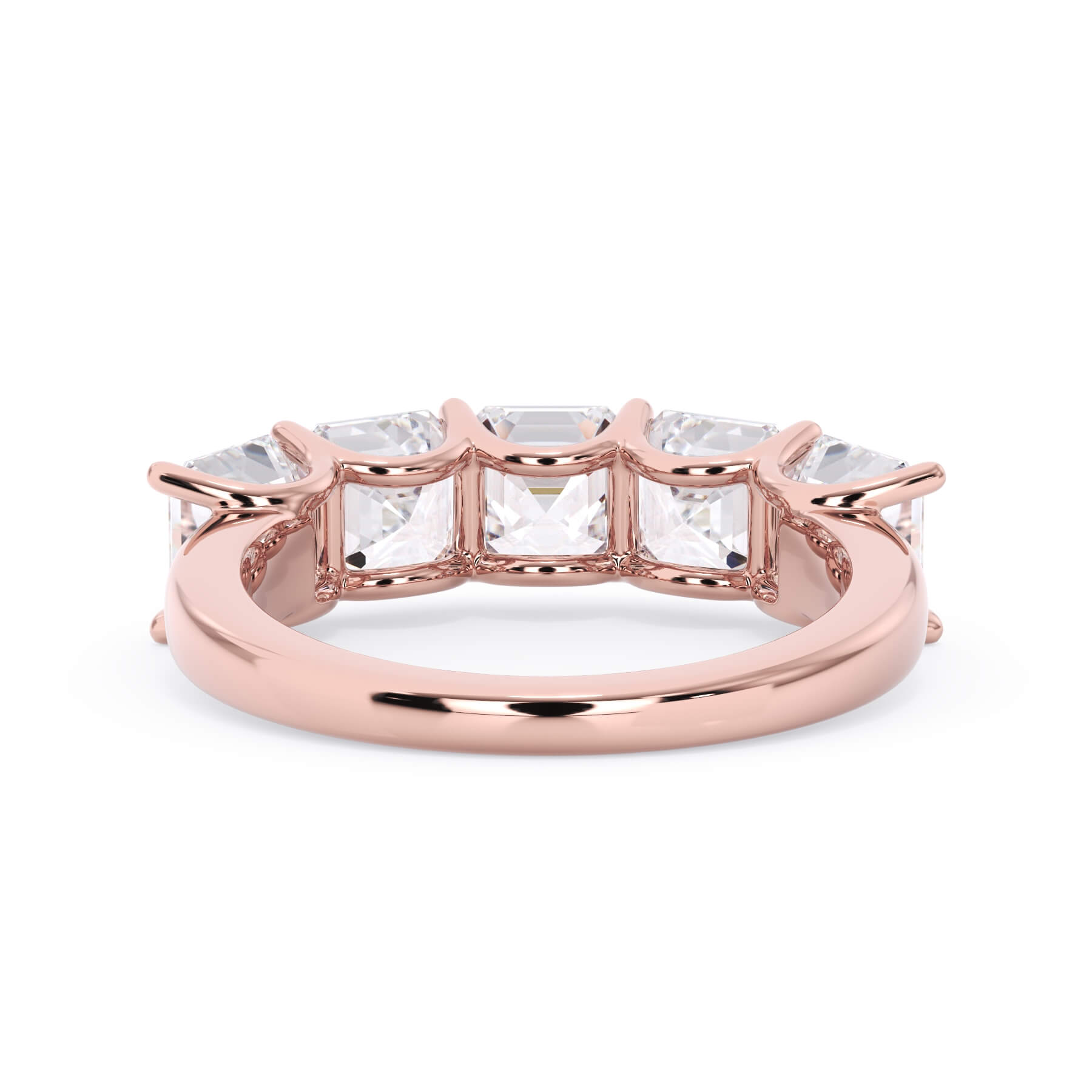A picture of a five stone diamond wedding ring with asscher shape diamonds that are u prong set in rose gold on a white background with a view of the underside of the ring.