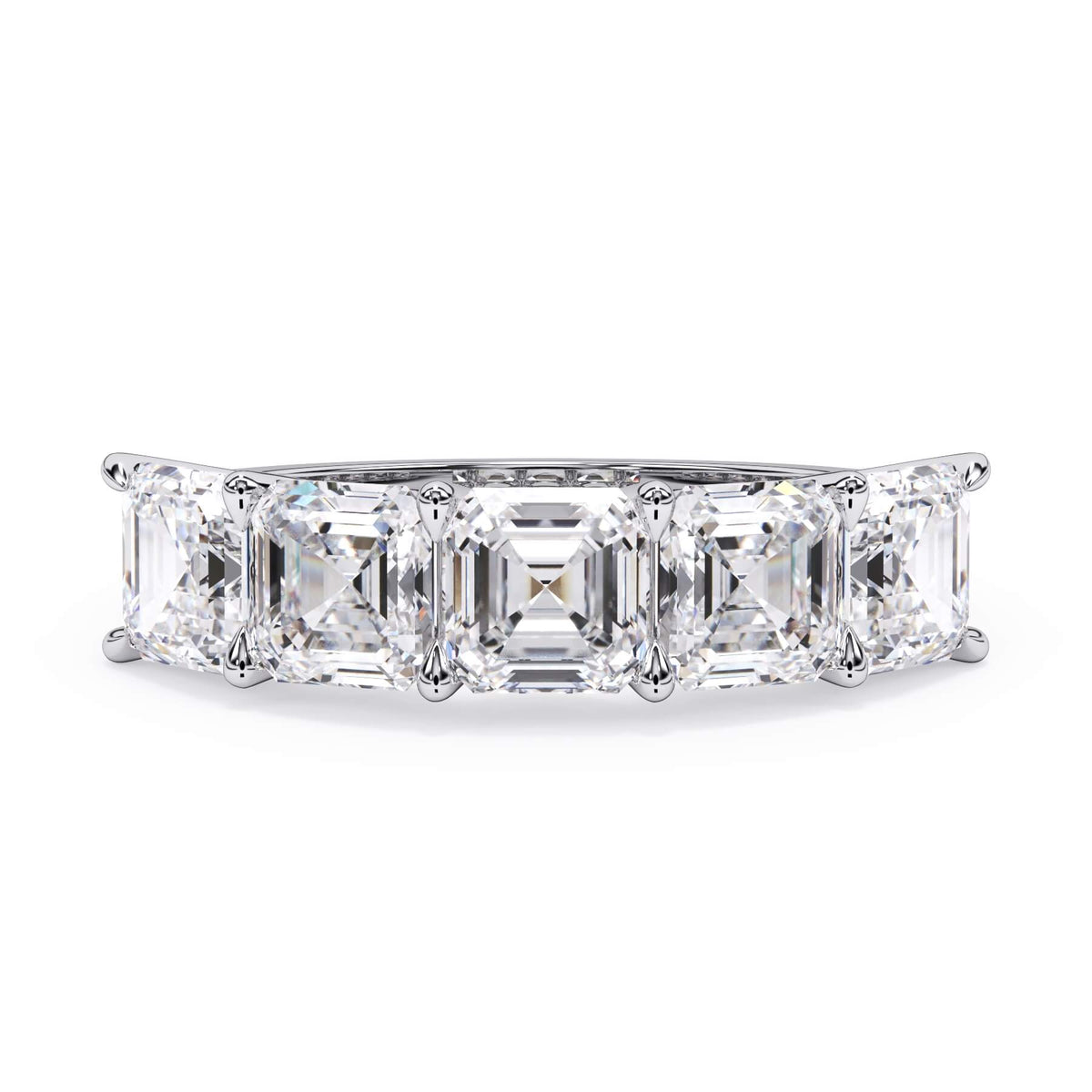 A picture of a five stone diamond wedding ring with asscher shape diamonds that are u prong set in white gold or platinum on a white background with the ring facing forward, lying down.