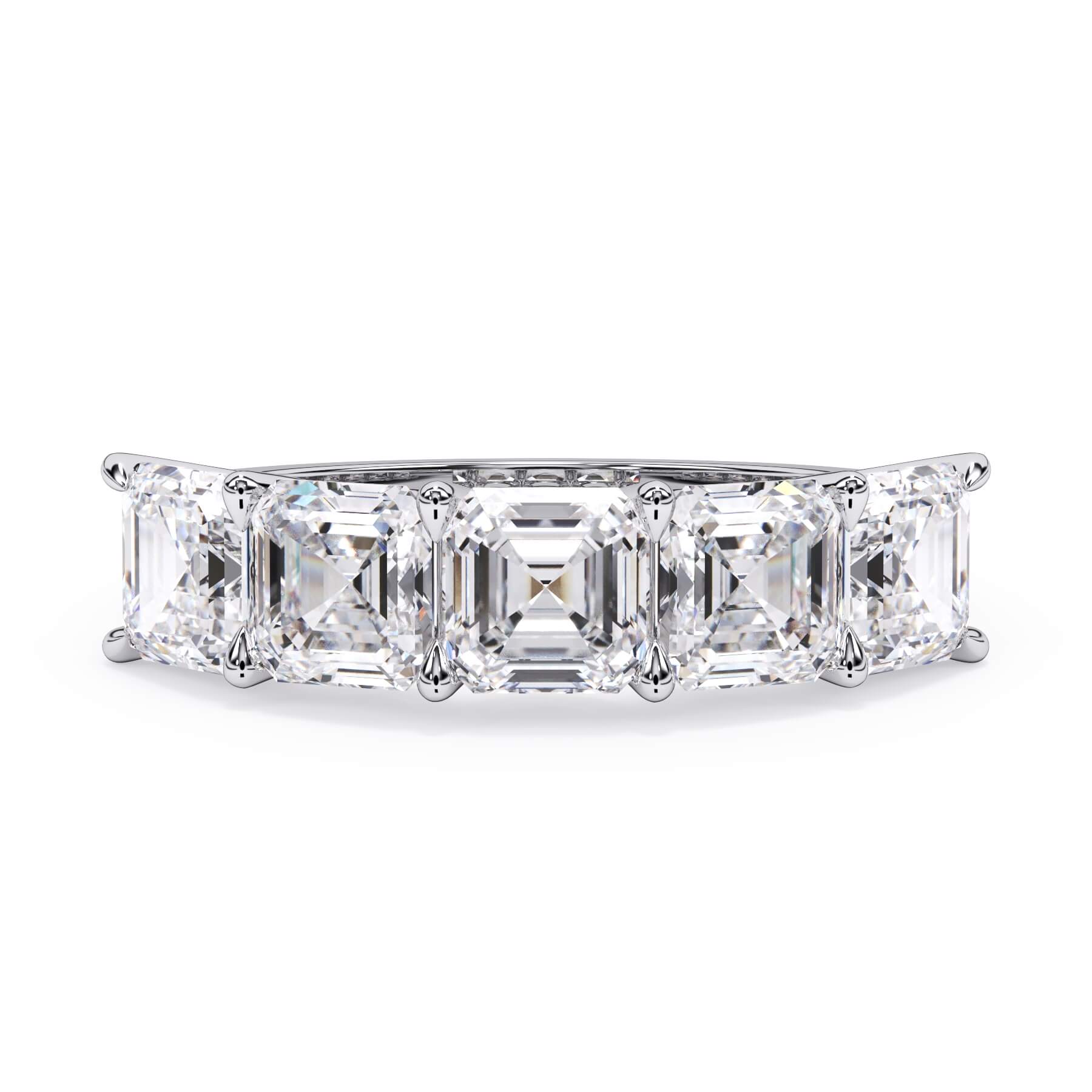 A picture of a five stone diamond wedding ring with asscher shape diamonds that are u prong set in white gold or platinum on a white background with the ring facing forward, lying down.