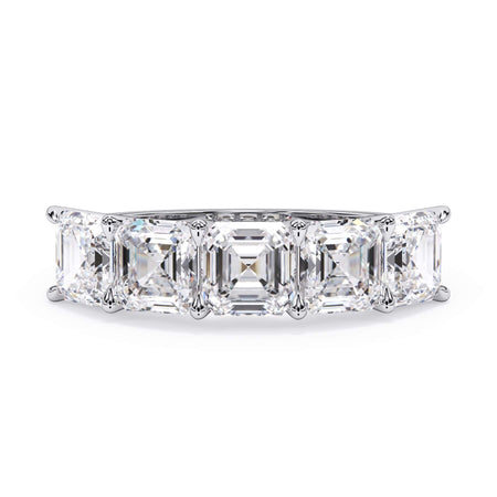 A picture of a five stone diamond wedding ring with asscher shape diamonds that are u prong set in white gold or platinum on a white background with the ring facing forward, lying down.