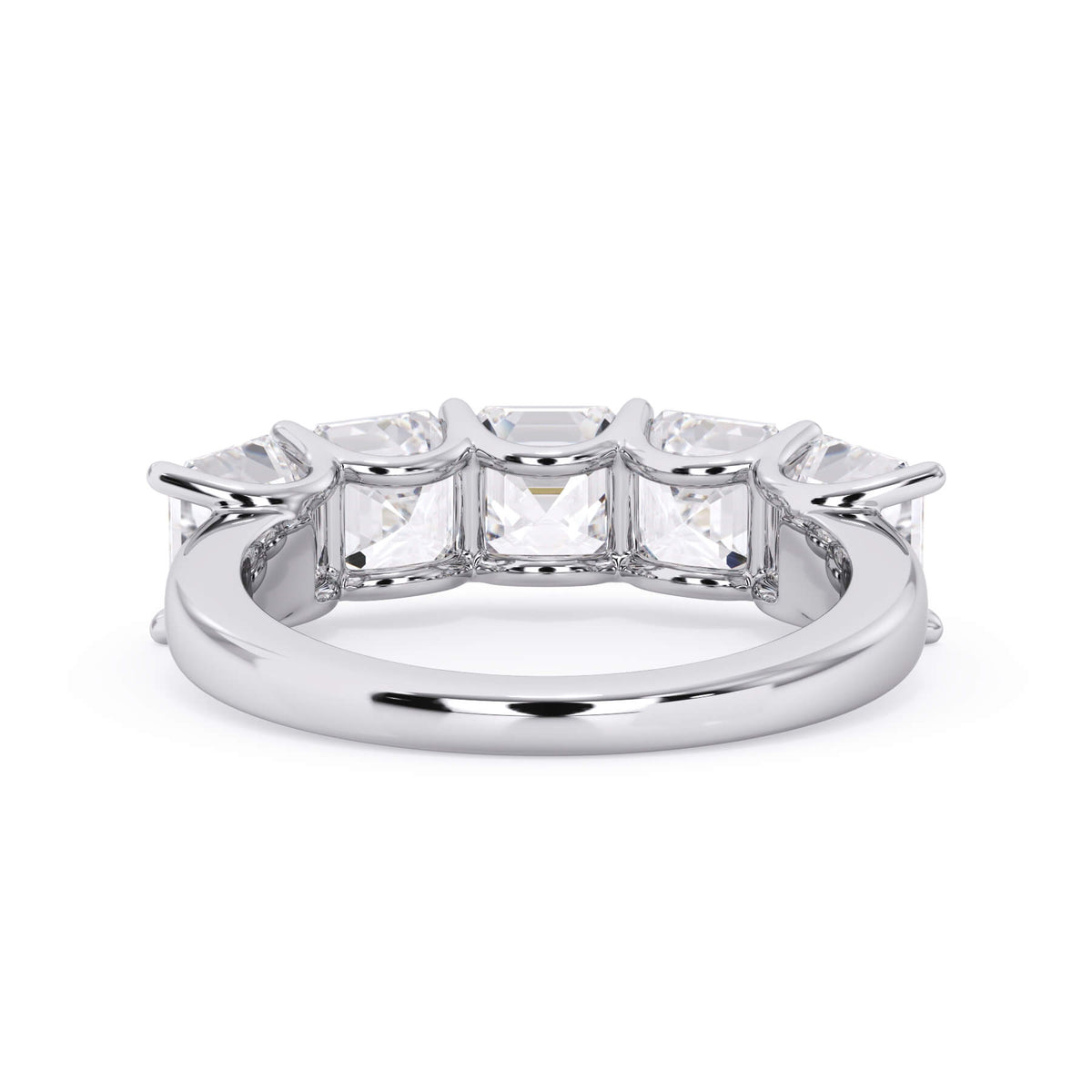 A picture of a five stone diamond wedding ring with asscher shape diamonds that are u prong set in white gold or platinum on a white background with a view of the underside of the ring.