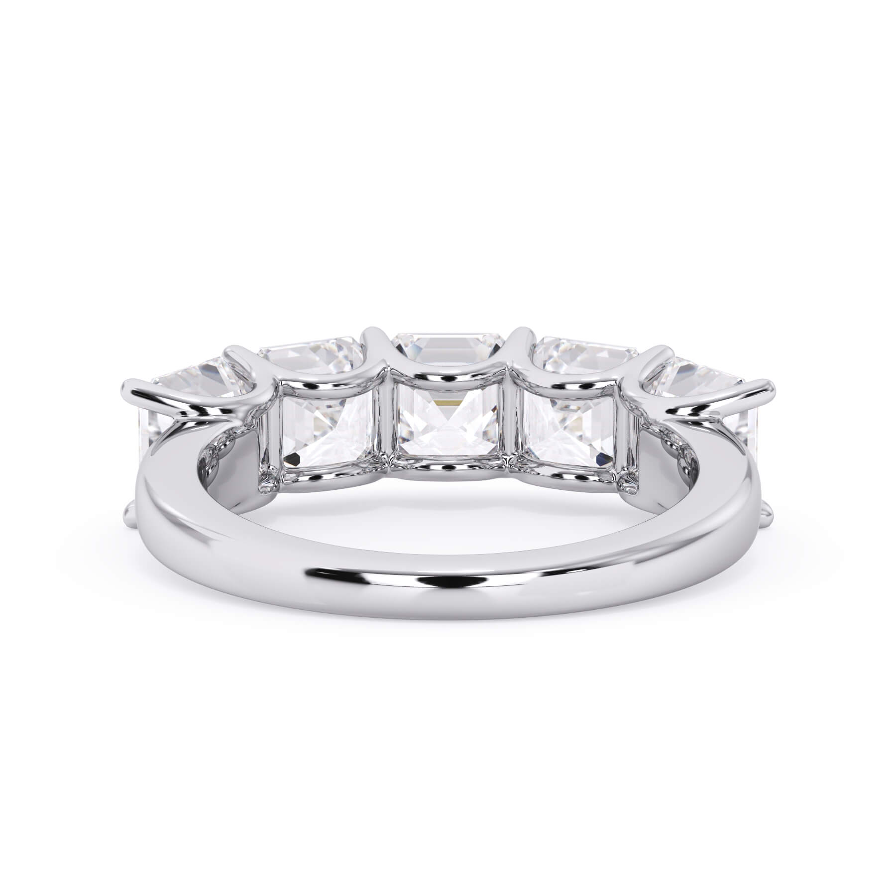 A picture of a five stone diamond wedding ring with asscher shape diamonds that are u prong set in white gold or platinum on a white background with a view of the underside of the ring.