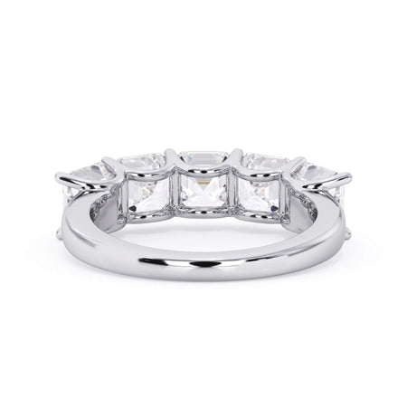 A picture of a five stone diamond wedding ring with asscher shape diamonds that are u prong set in white gold or platinum on a white background with a view of the underside of the ring.
