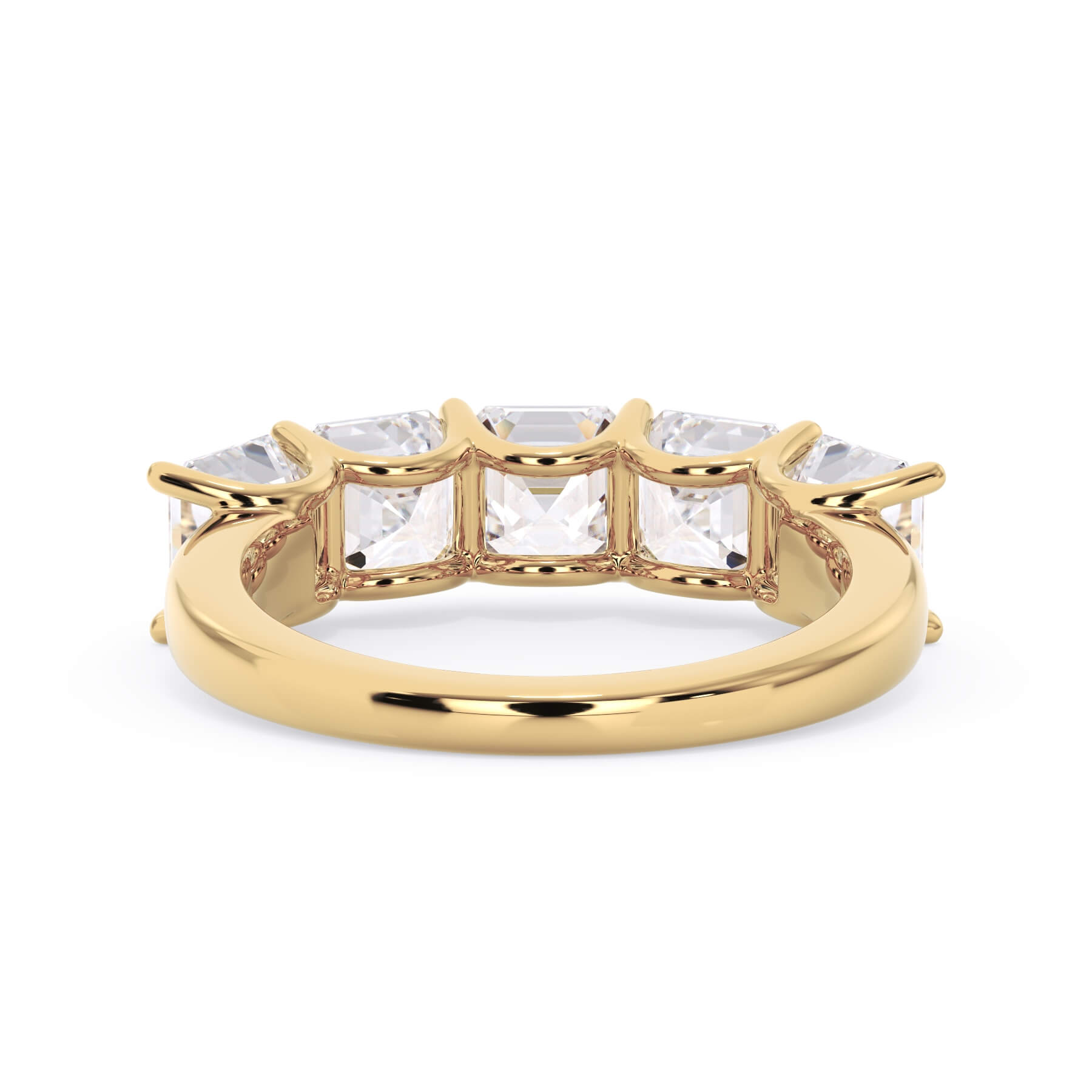 A picture of a five stone diamond wedding ring with asscher shape diamonds that are u prong set in yellow gold on a white background with a view of the underside of the ring.