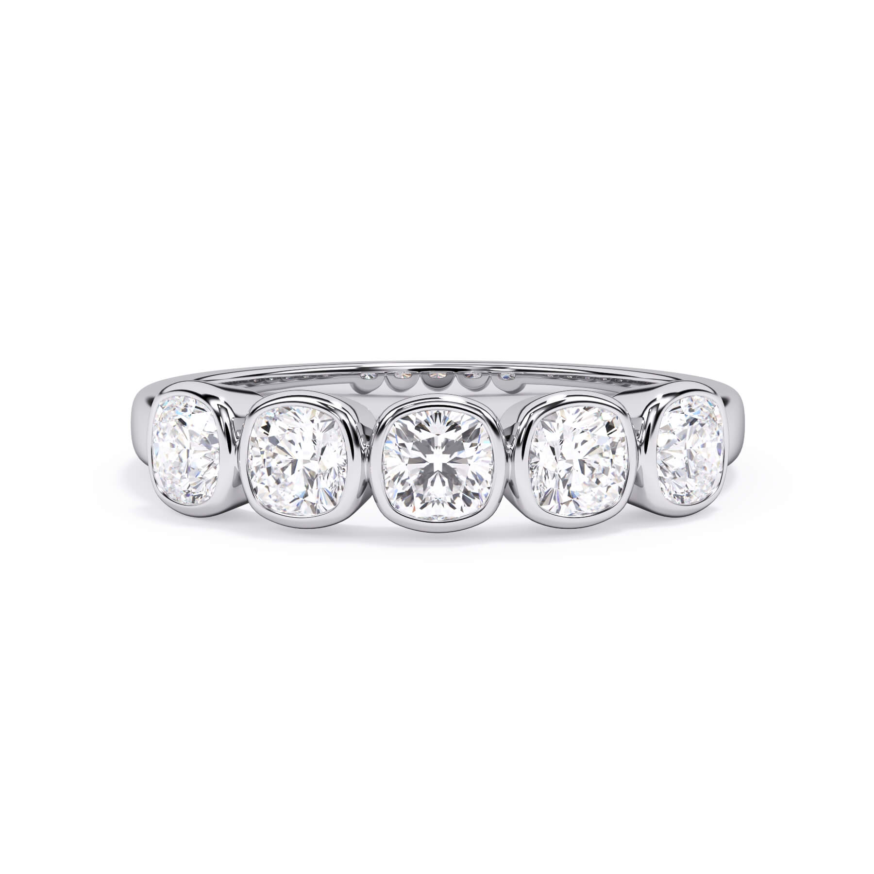 A picture of a five stone diamond wedding ring with cushion shape diamonds that are bezel set in white gold or platinum on a white background with the ring facing forward, lying down.