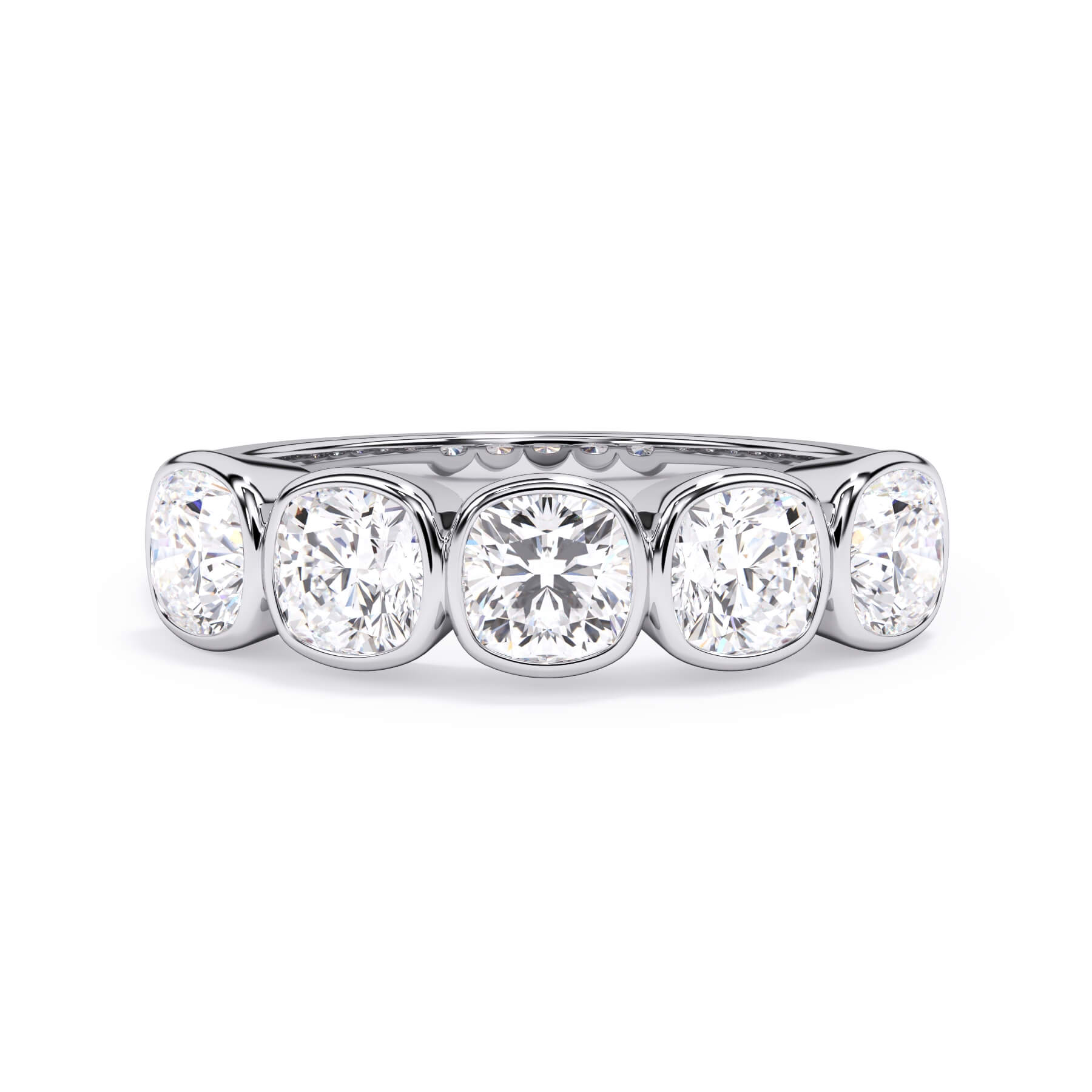 A picture of a five stone diamond wedding ring with cushion shape diamonds that are bezel set in white gold or platinum on a white background with the ring facing forward, lying down.