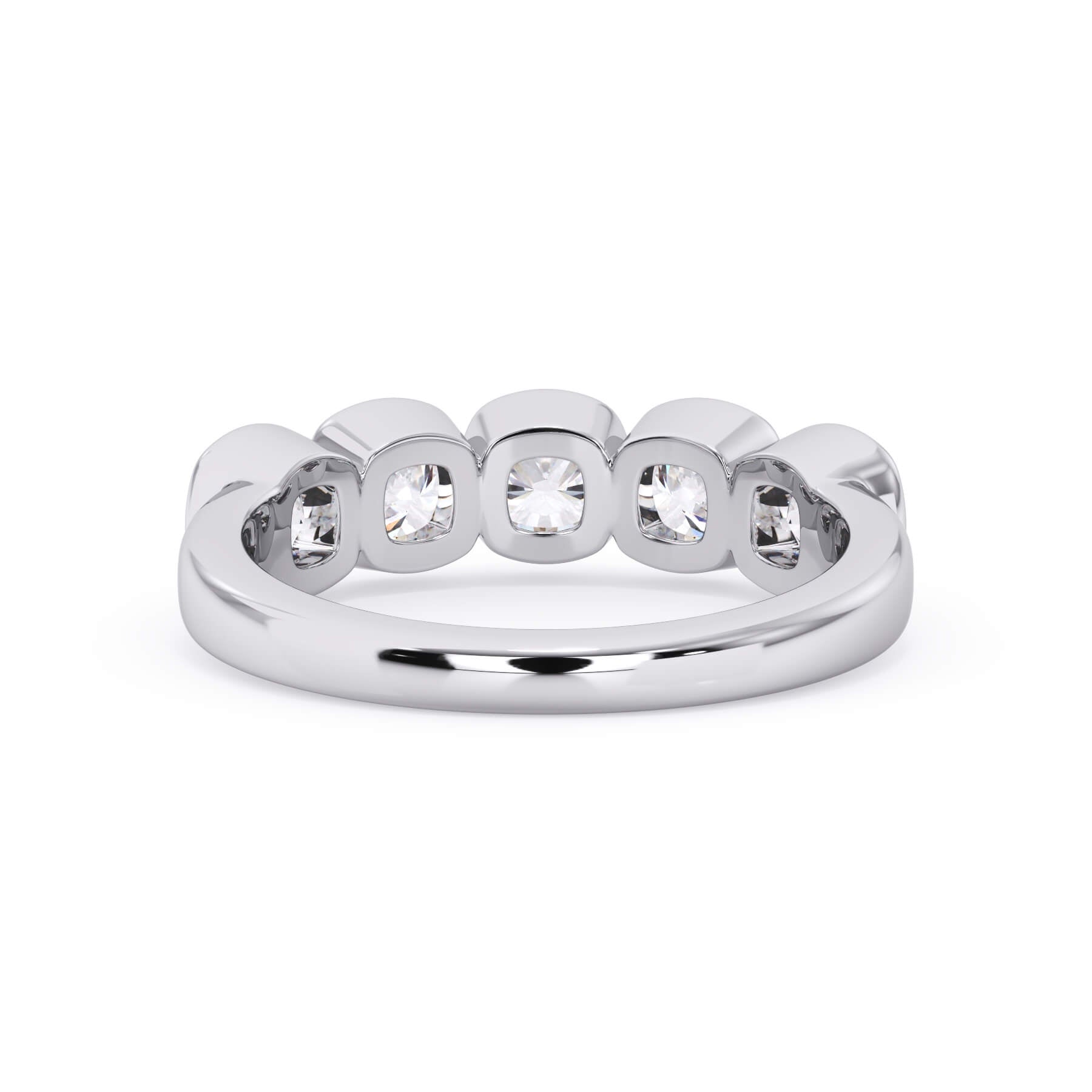 A picture of a five stone diamond wedding ring with cushion shape diamonds that are bezel set in white gold or platinum on a white background with a view of the underside of the ring.