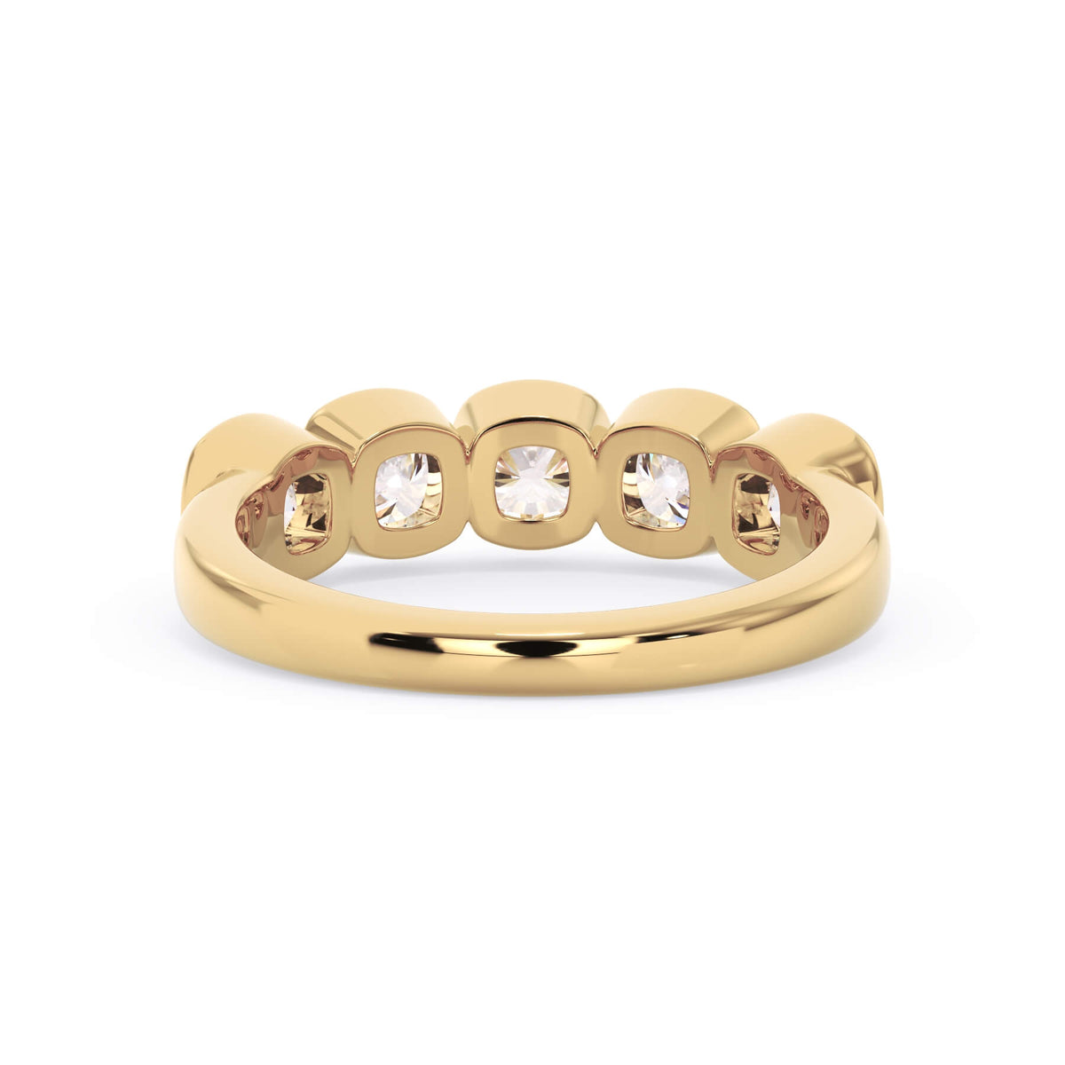 A picture of a five stone diamond wedding ring with cushion shape diamonds that are bezel set in yellow gold on a white background with a view of the underside of the ring.