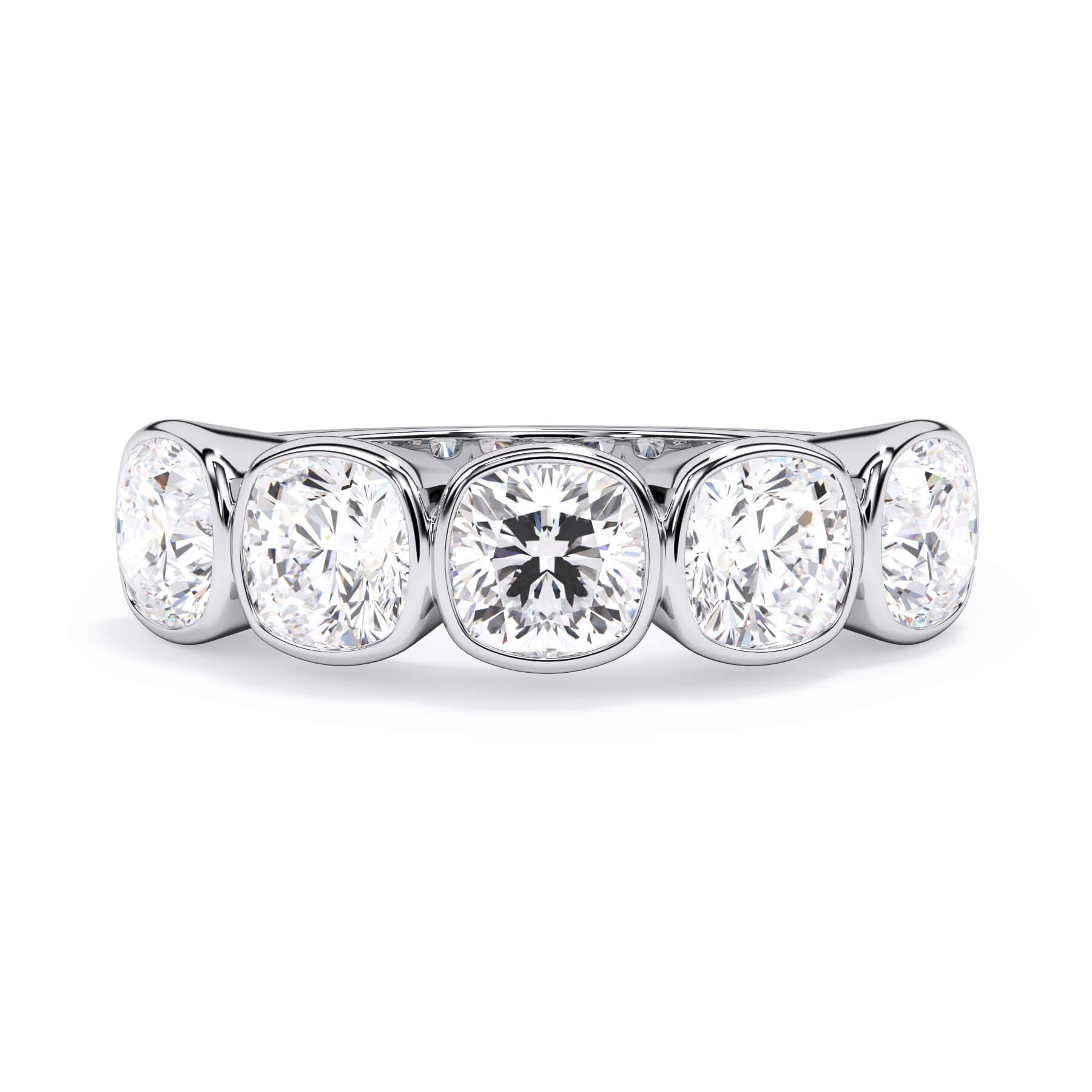 A picture of a five stone diamond wedding ring with cushion shape diamonds that are bezel set in white gold or platinum on a white background with the ring facing forward, lying down.