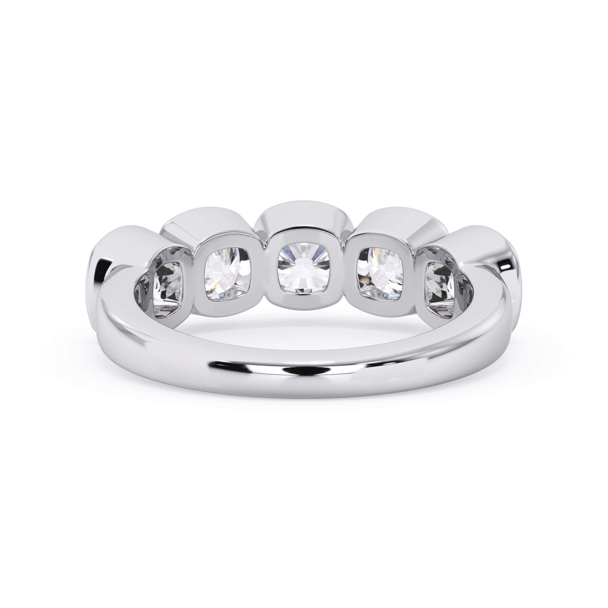 A picture of a five stone diamond wedding ring with cushion shape diamonds that are bezel set in white gold or platinum on a white background with a view of the underside of the ring.