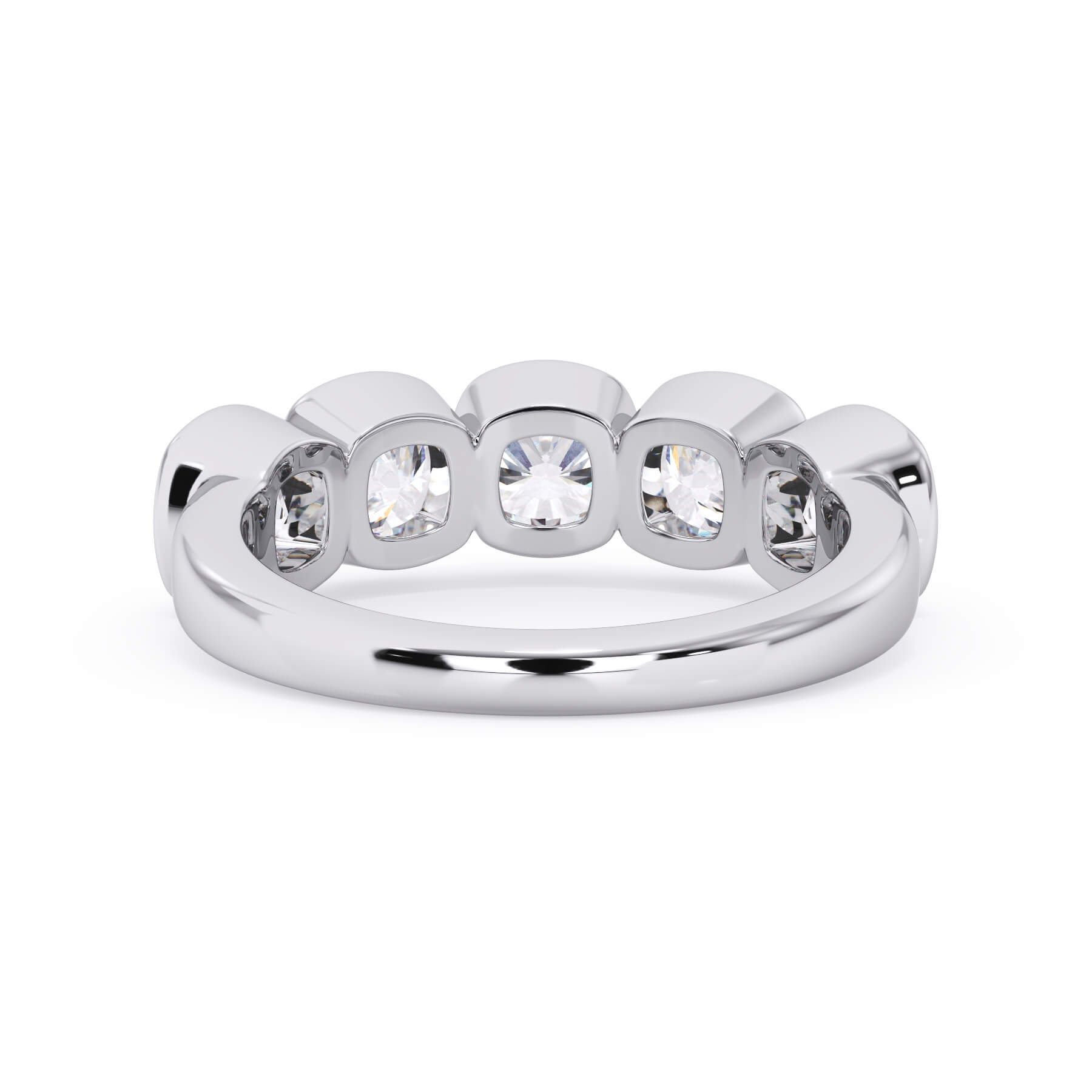A picture of a five stone diamond wedding ring with cushion shape diamonds that are bezel set in white gold or platinum on a white background with a view of the underside of the ring.