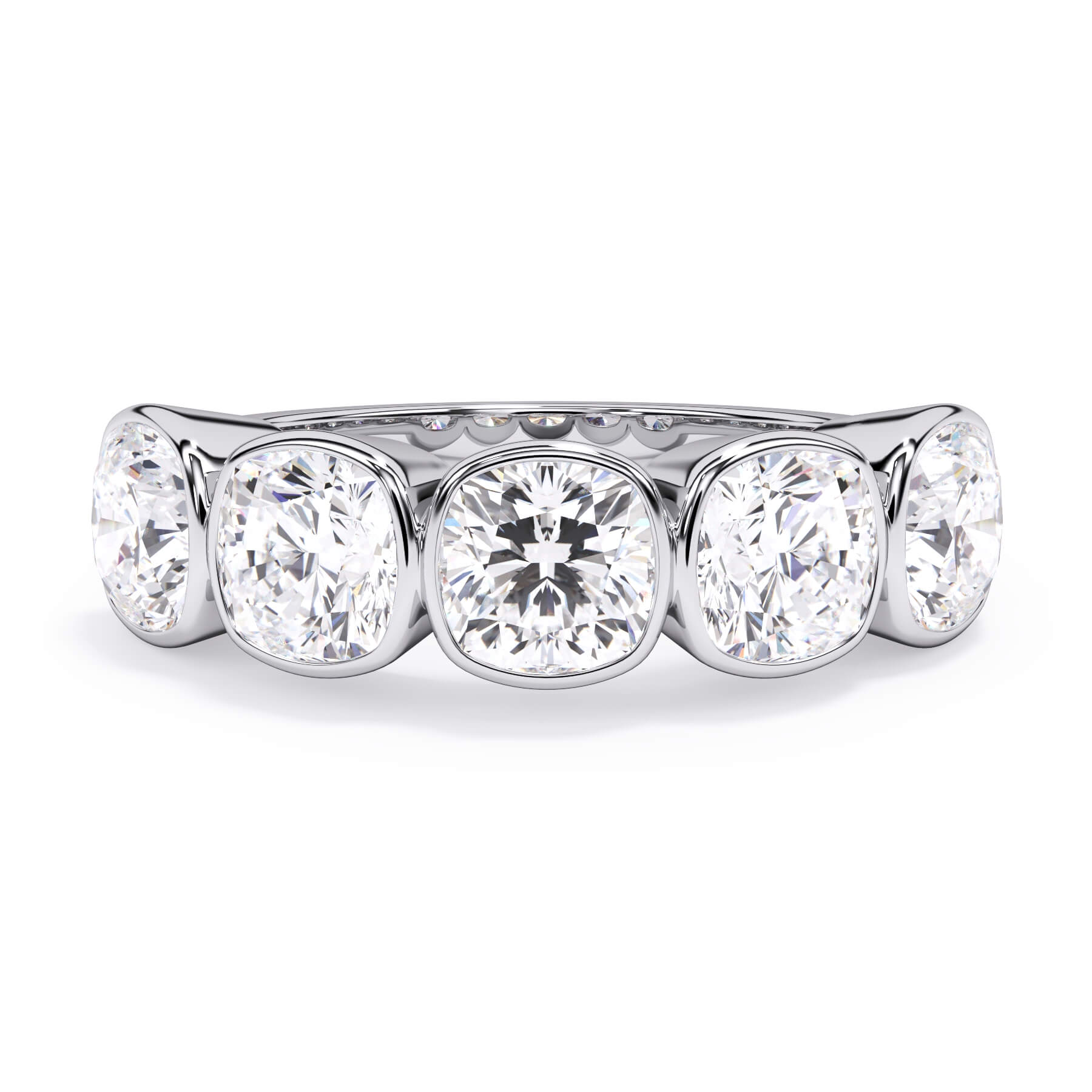 A picture of a five stone diamond wedding ring with cushion shape diamonds that are bezel set in white gold or platinum on a white background with the ring facing forward, lying down.